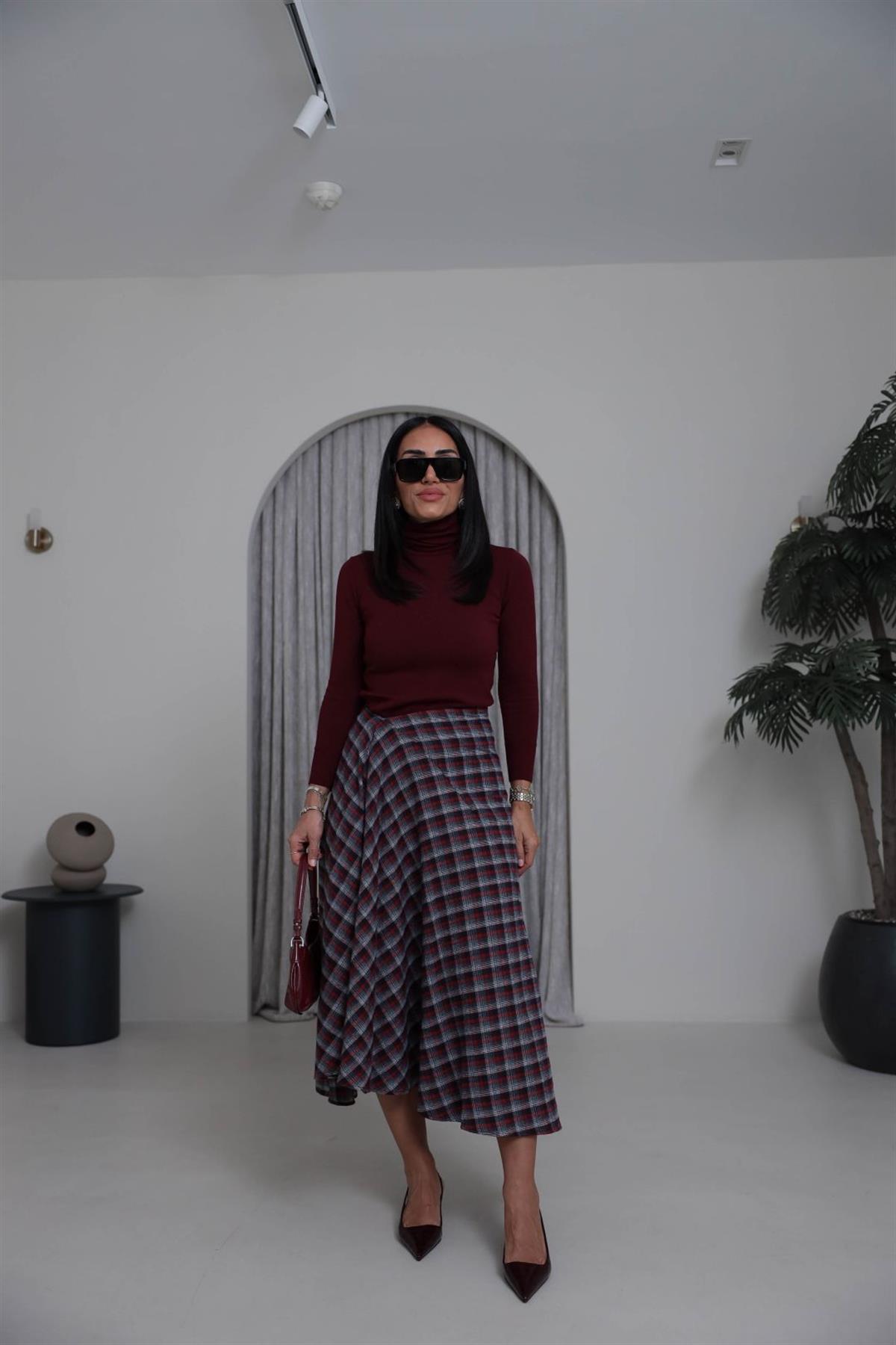 0377 Asimetrik Ekose Etek KIRMIZI