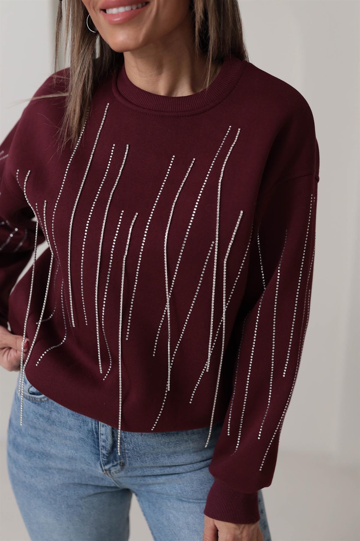 5653 Taş Zincir Detaylı Şardonlu Sweatshirt BORDO