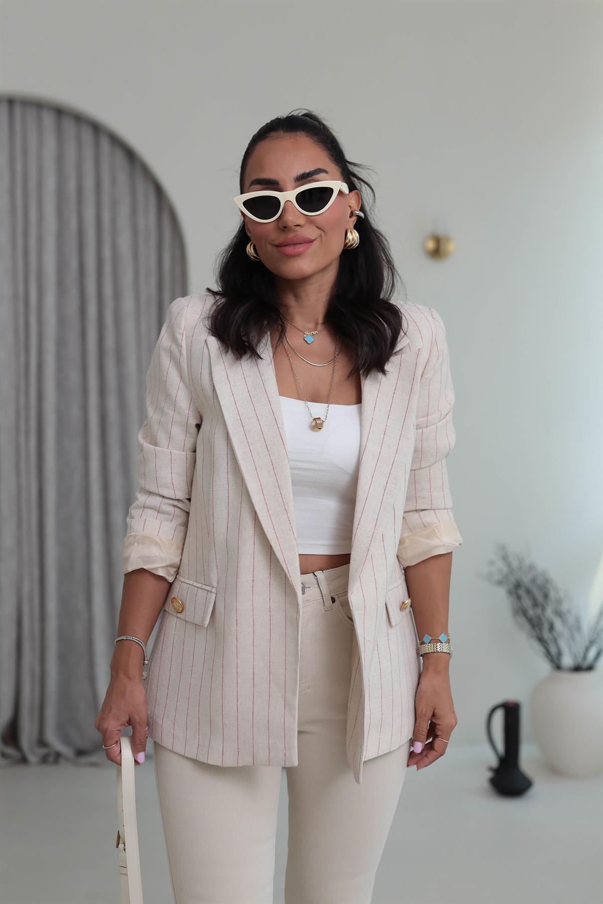 9296 Çizgili Gold Düğmeli Keten Ceket KIRMIZI