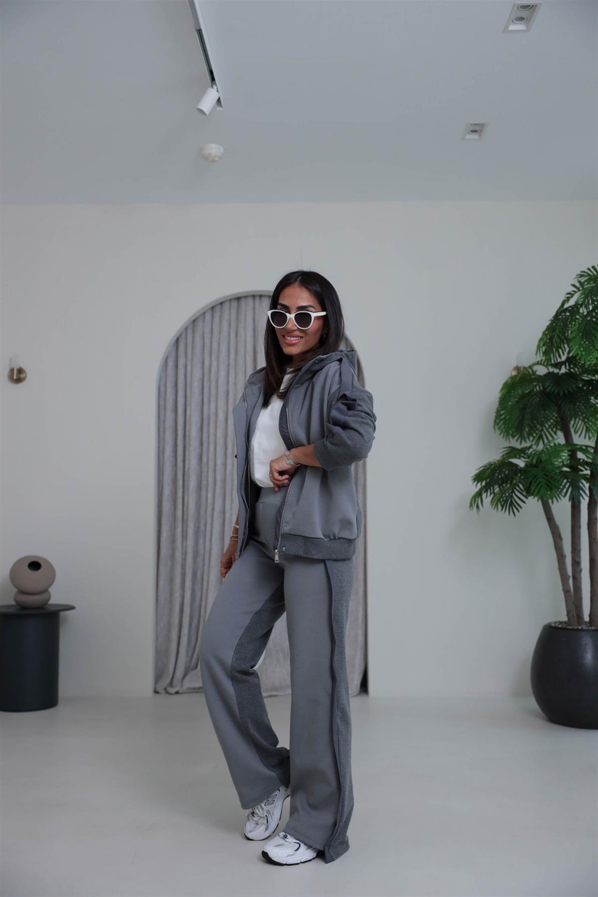 0739 Garnili Renk Bloklu Eşofman Takımı GRİ MELANJ