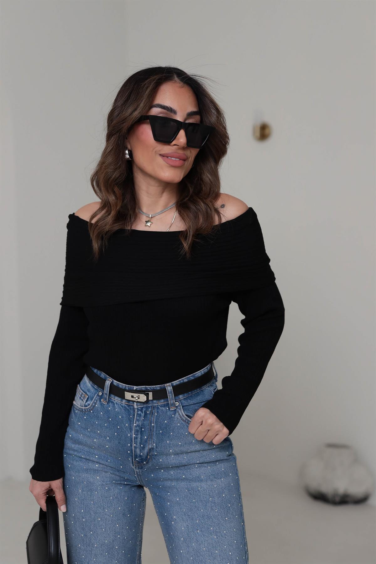 0340 Madonna Yaka Fitilli Mevsimlik Triko SİYAH