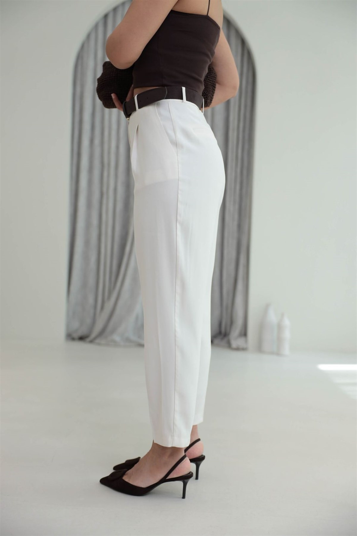 7544 Kemer Detaylı Tencel Kumaş Smart Pantolon KREM