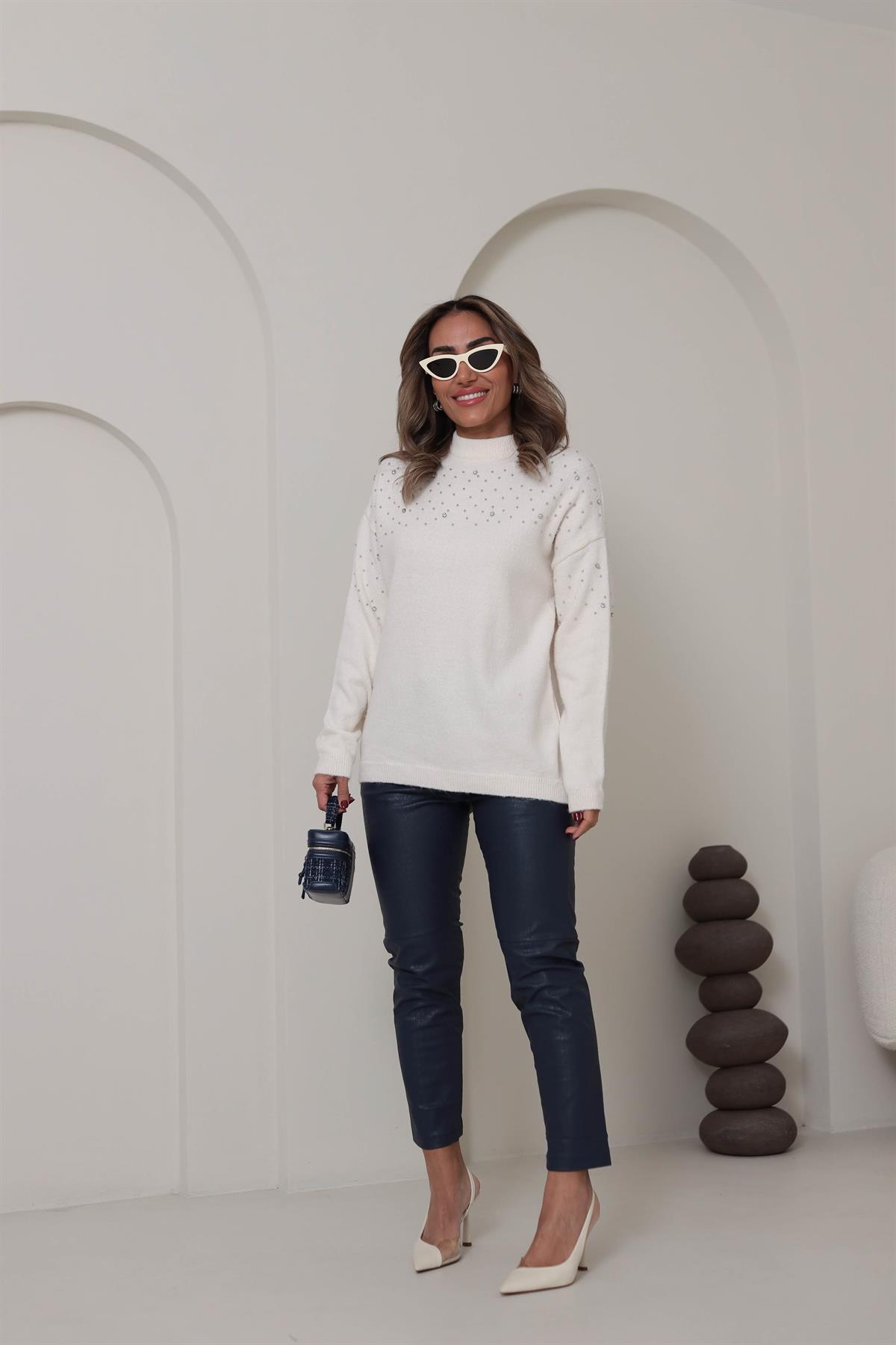 3410 Krokodil Parçalı Deri Pantolon