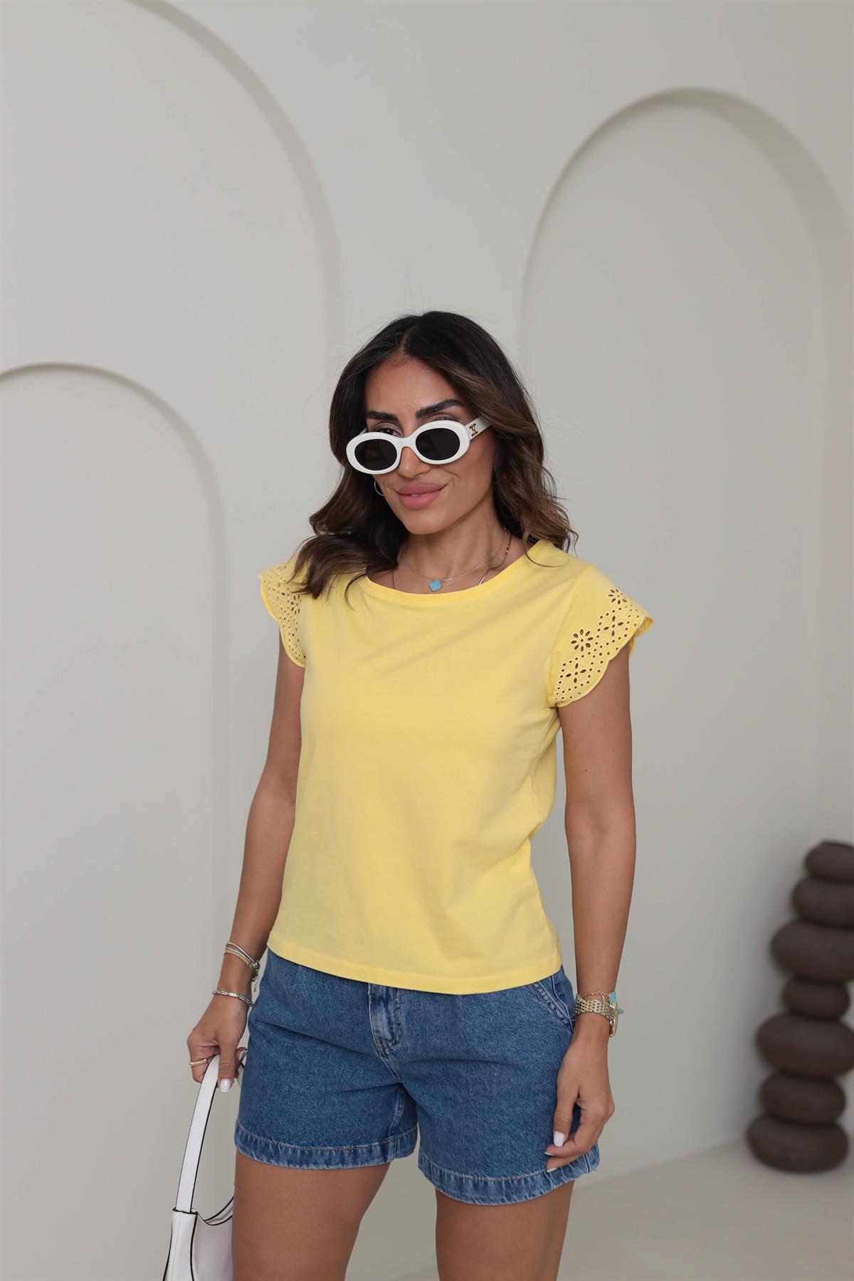 2982 Pamuklu Kolları Fistolu Tshirt SARI