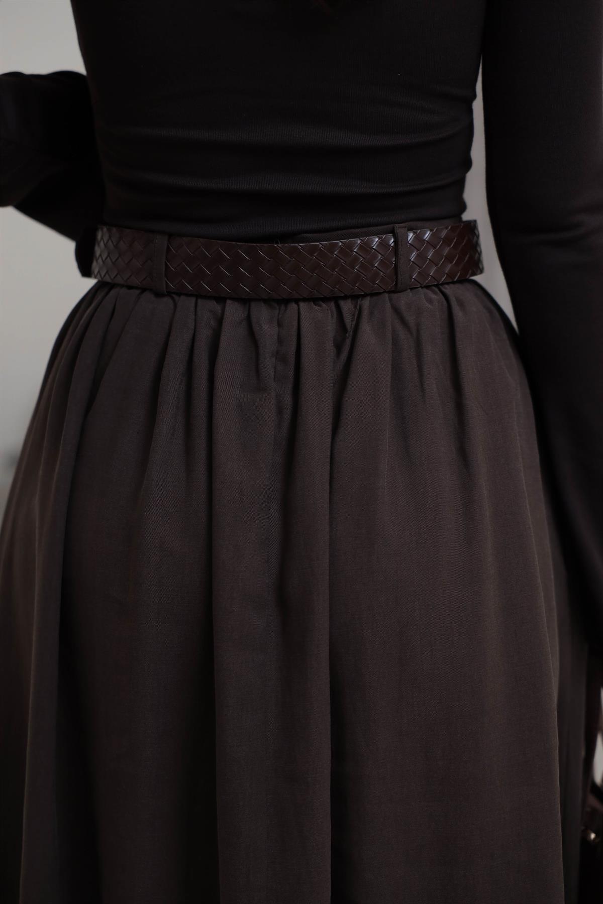 0727 Kemerli Tencel Etek KAHVE