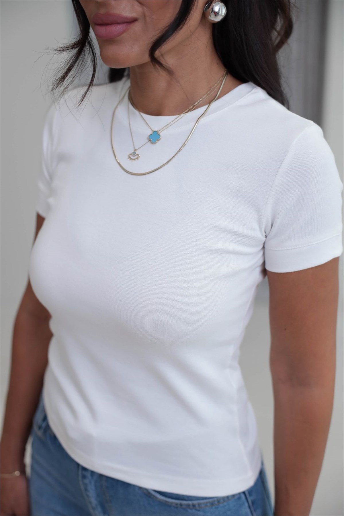 1591 Ribanalı Basic Pamuklu Tshirt EKRU