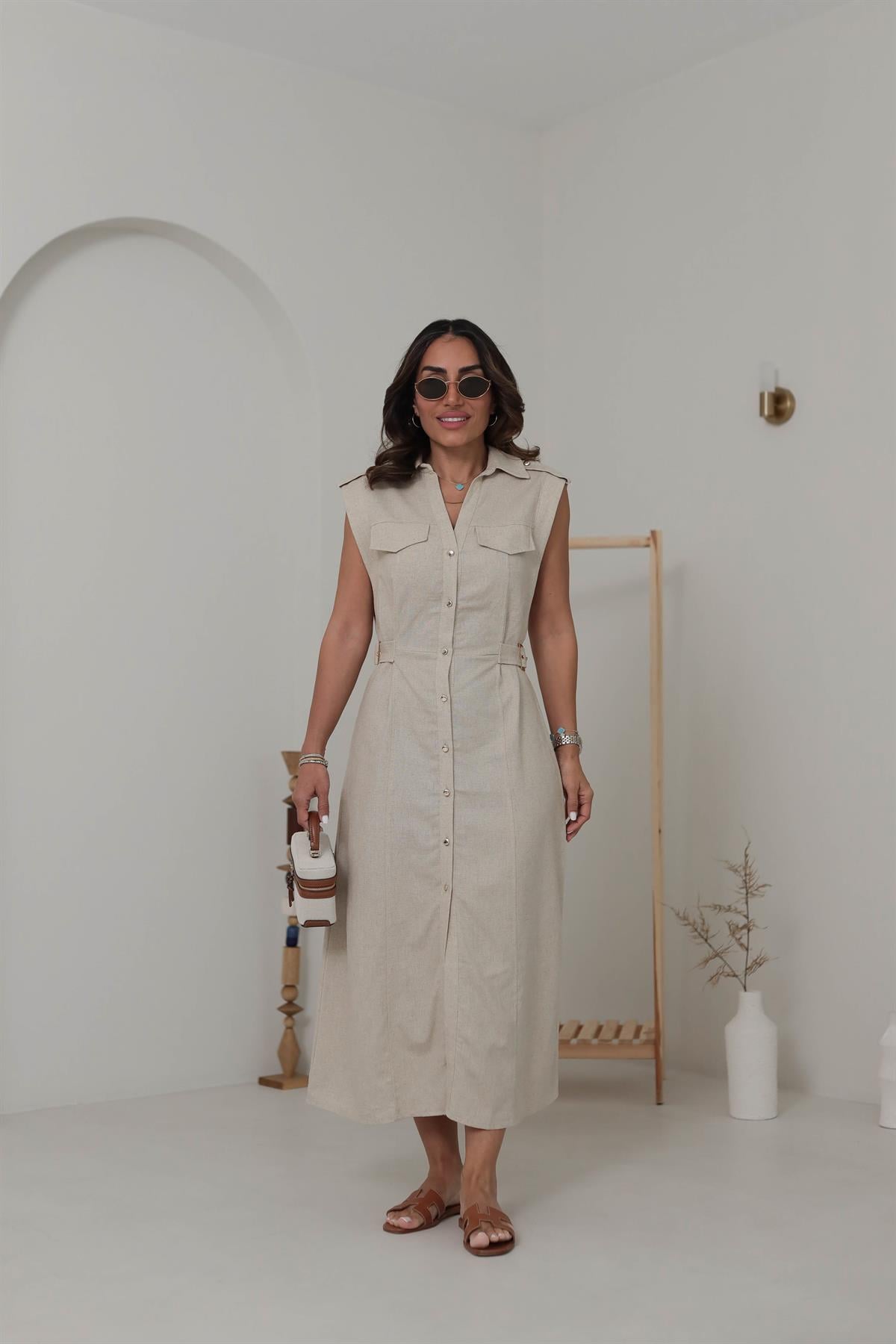 0473 Yanı Tokalı Keten Elbise TAŞ