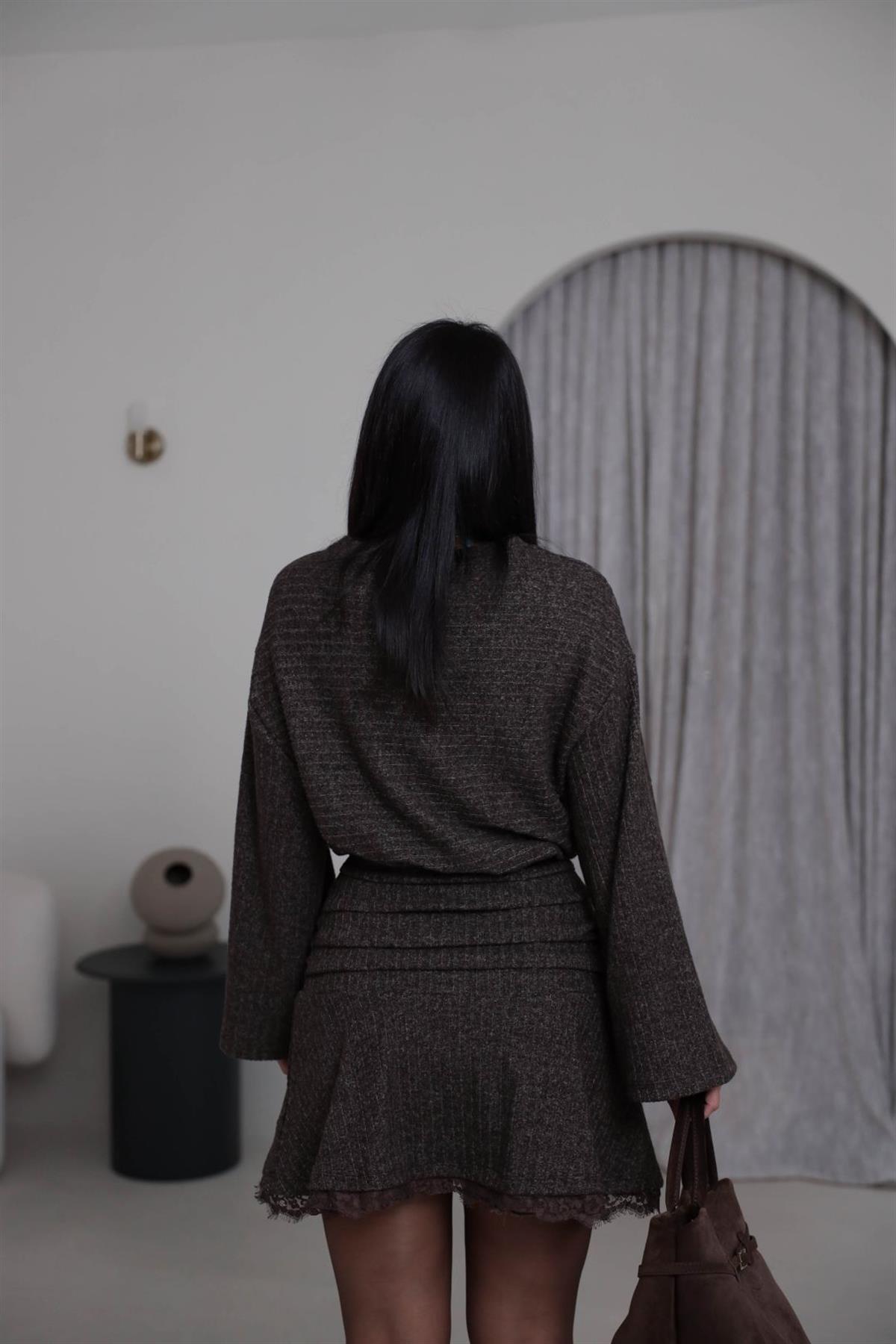 5527 Bel Drapeli Etek Ucu Dantelli Elbise KAHVE