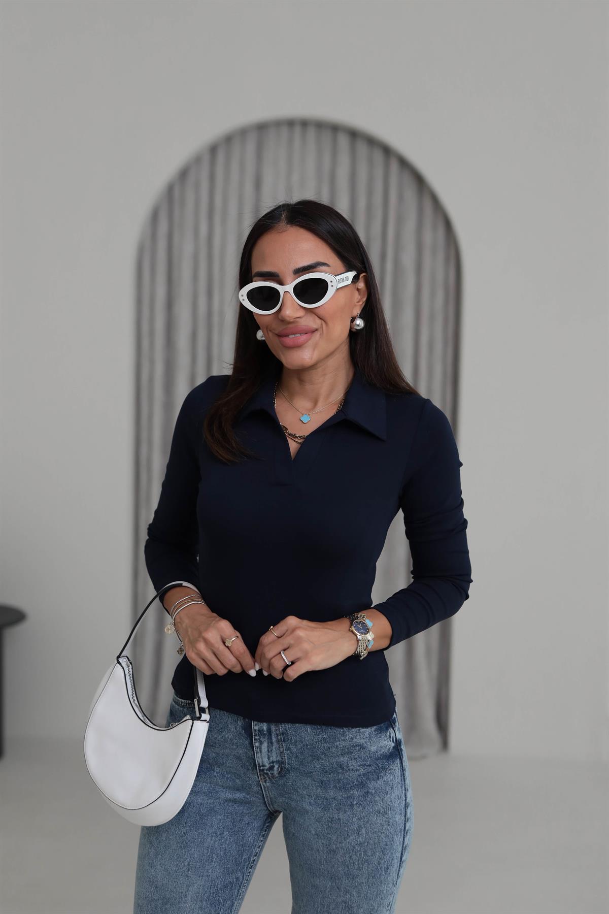 0626 Polo Yaka Uzun Kol Likralı Bluz LACİVERT