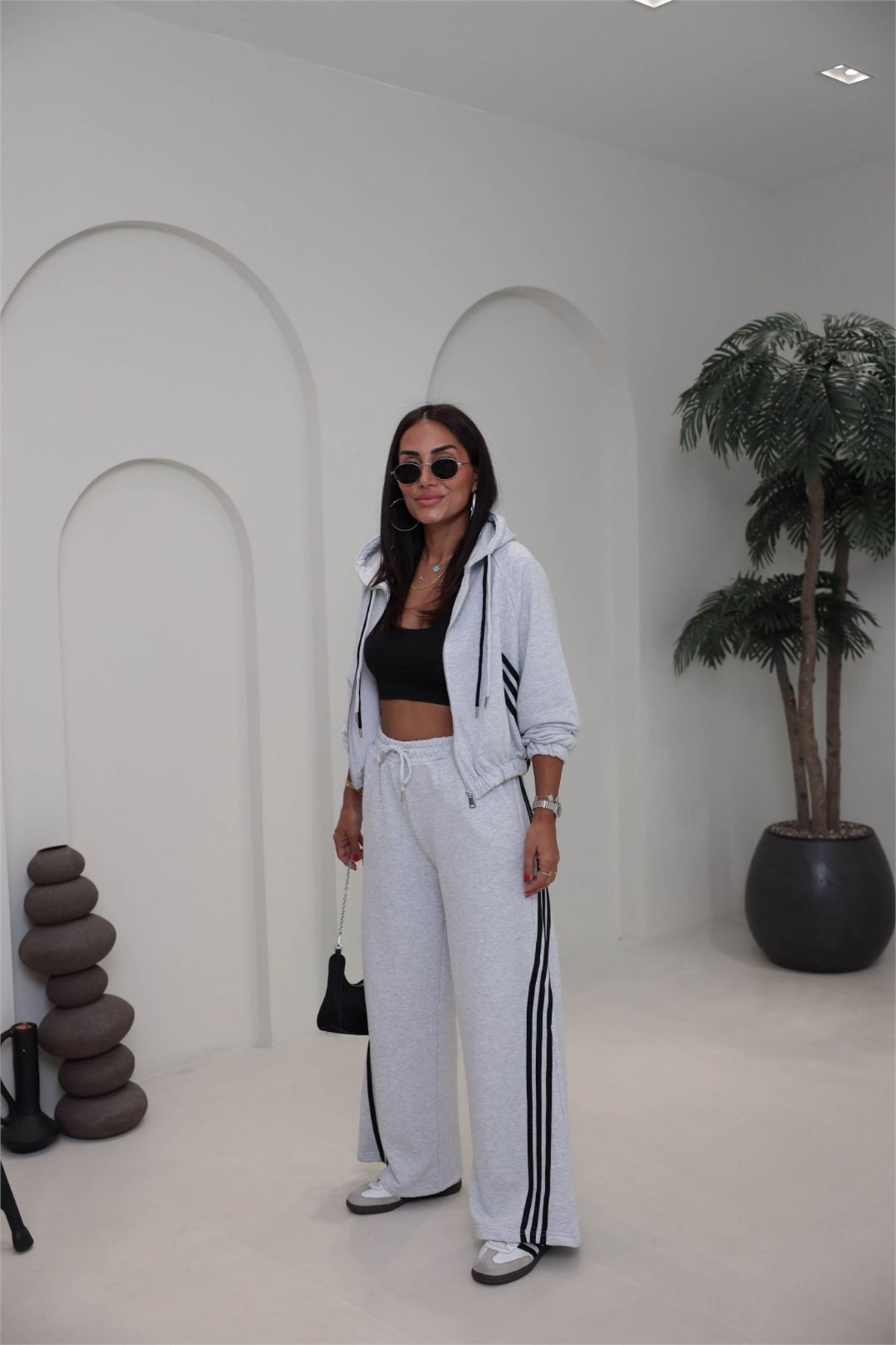 4285 Şerit Detaylı Fermuarlı Sweat Pantolon Takım GRİ MELANJ