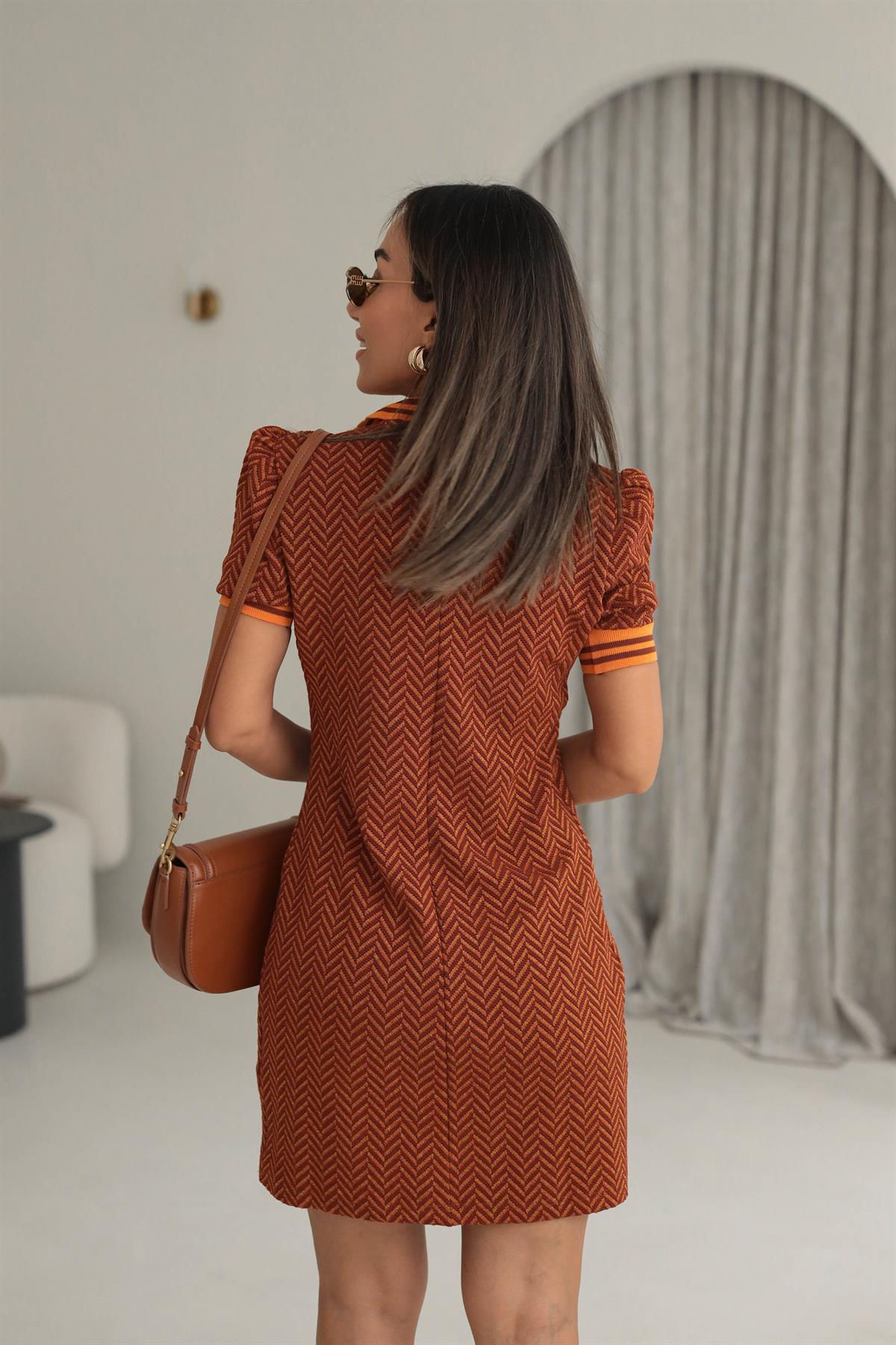 0032 Desenli Polo Yaka Ribanalı Elbise