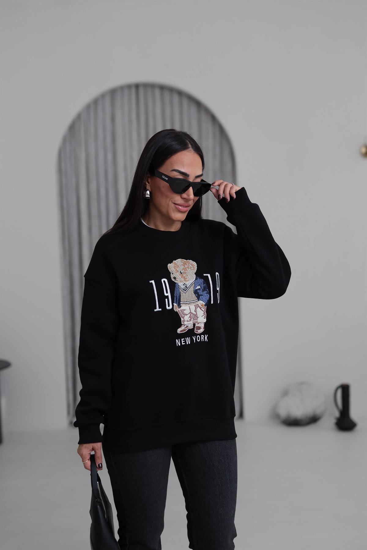 0417 Bisiklet Yaka Şardonlu Teddy Baskılı Sweatshirt SİYAH