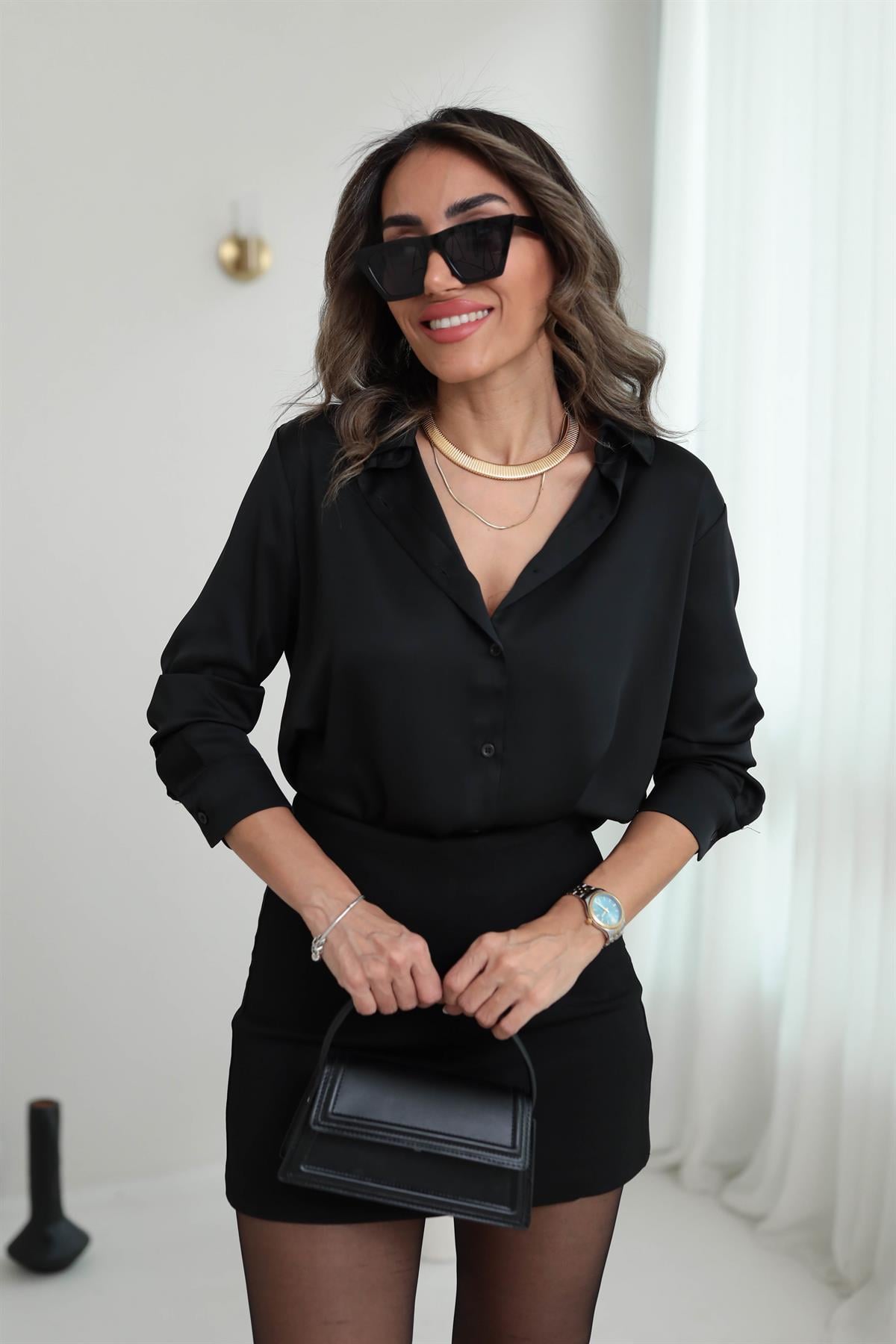 4156 Düz Saten Gömlek SİYAH