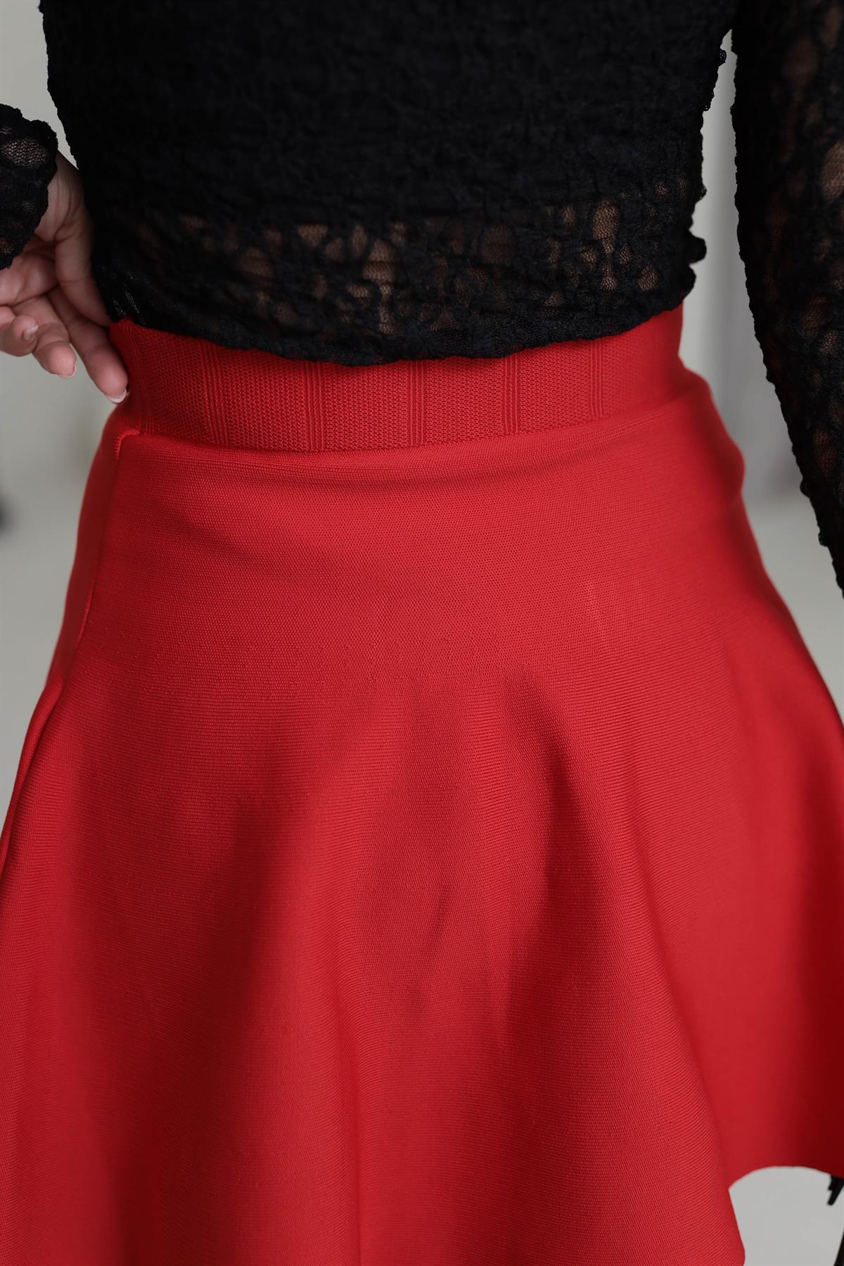 1064 Volanlı Çelik Triko Etek KIRMIZI