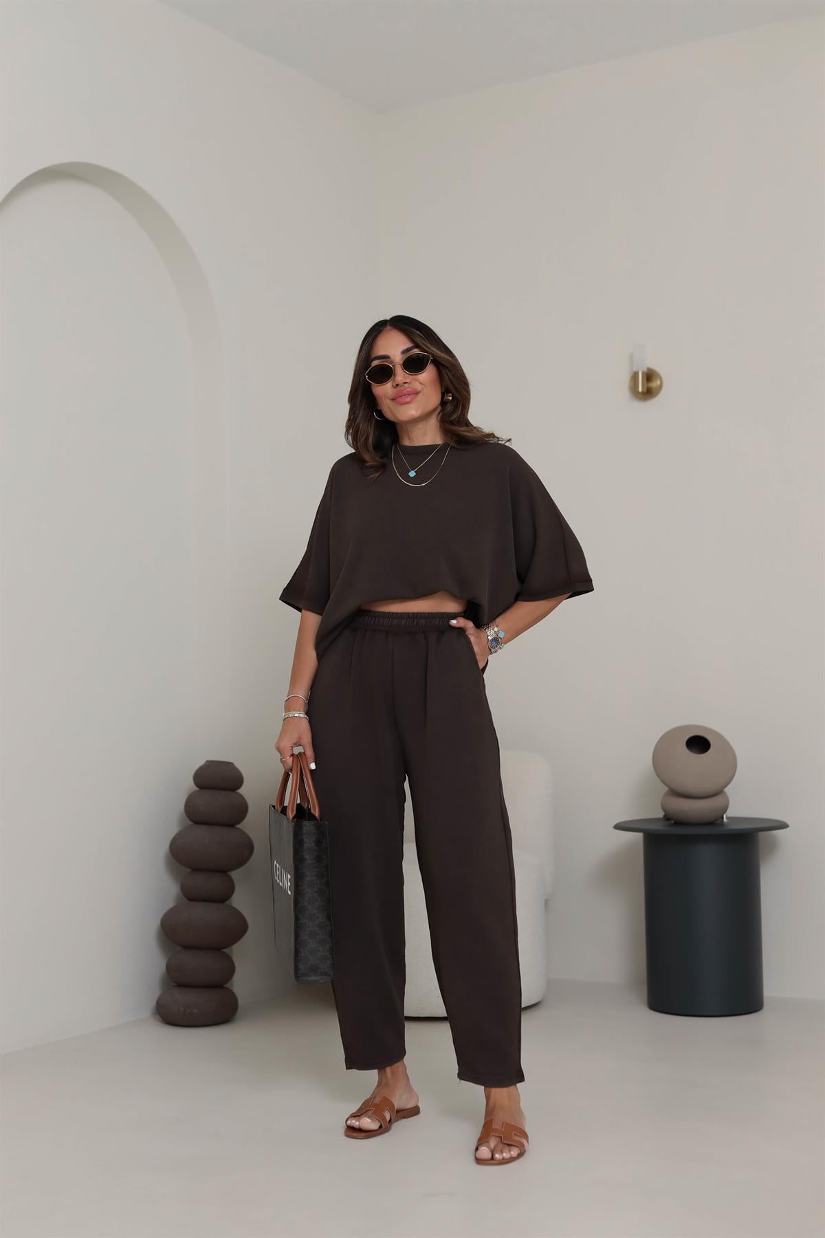 8559 Modal Kumaş Dökümlü Takım KAHVE