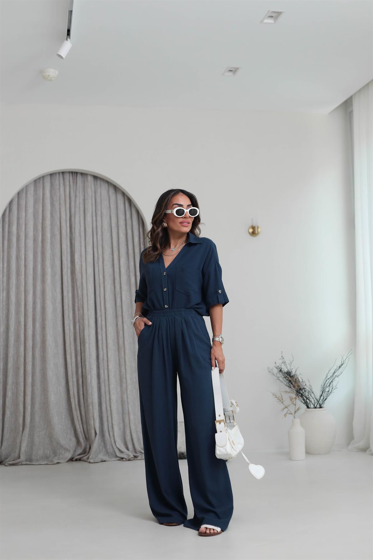 0451 Dökümlü Pamuklu V Yaka Gömlek Pantolon Takım LACİVERT