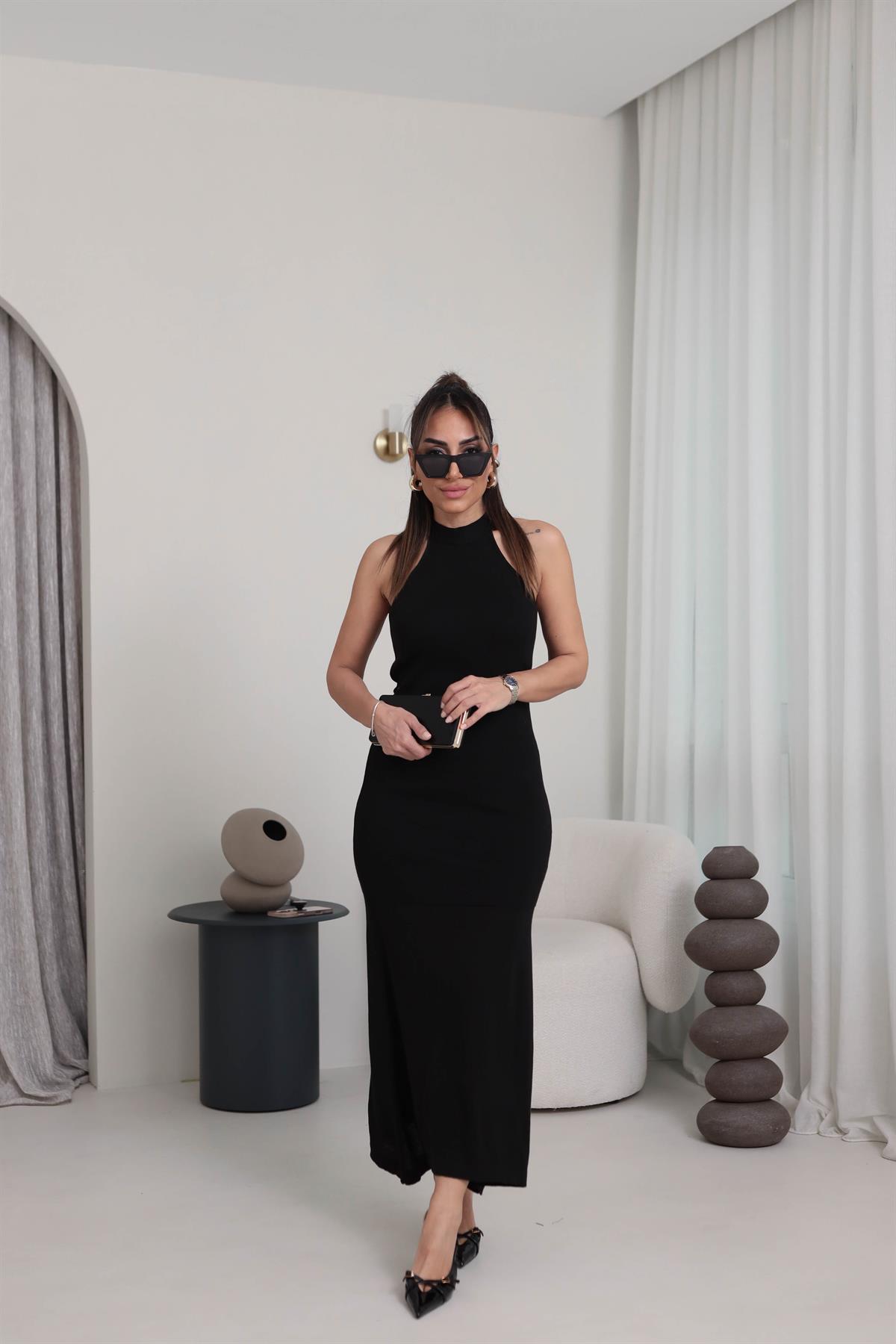4224 Halter Yaka Triko Elbise SİYAH