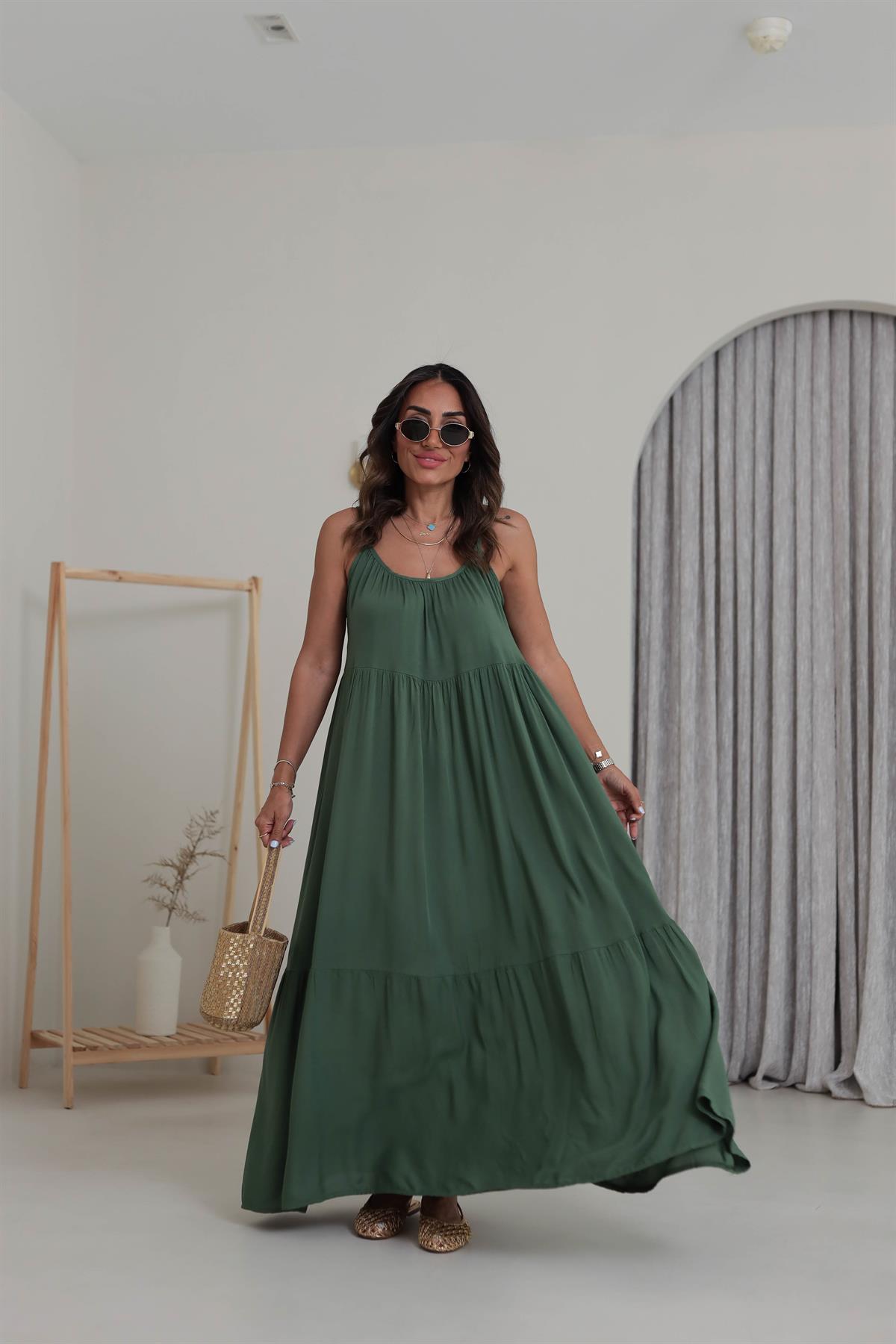 1387 Askıları Ayarlanabilir Viskon Maxi Elbise HAKİ YEŞİL