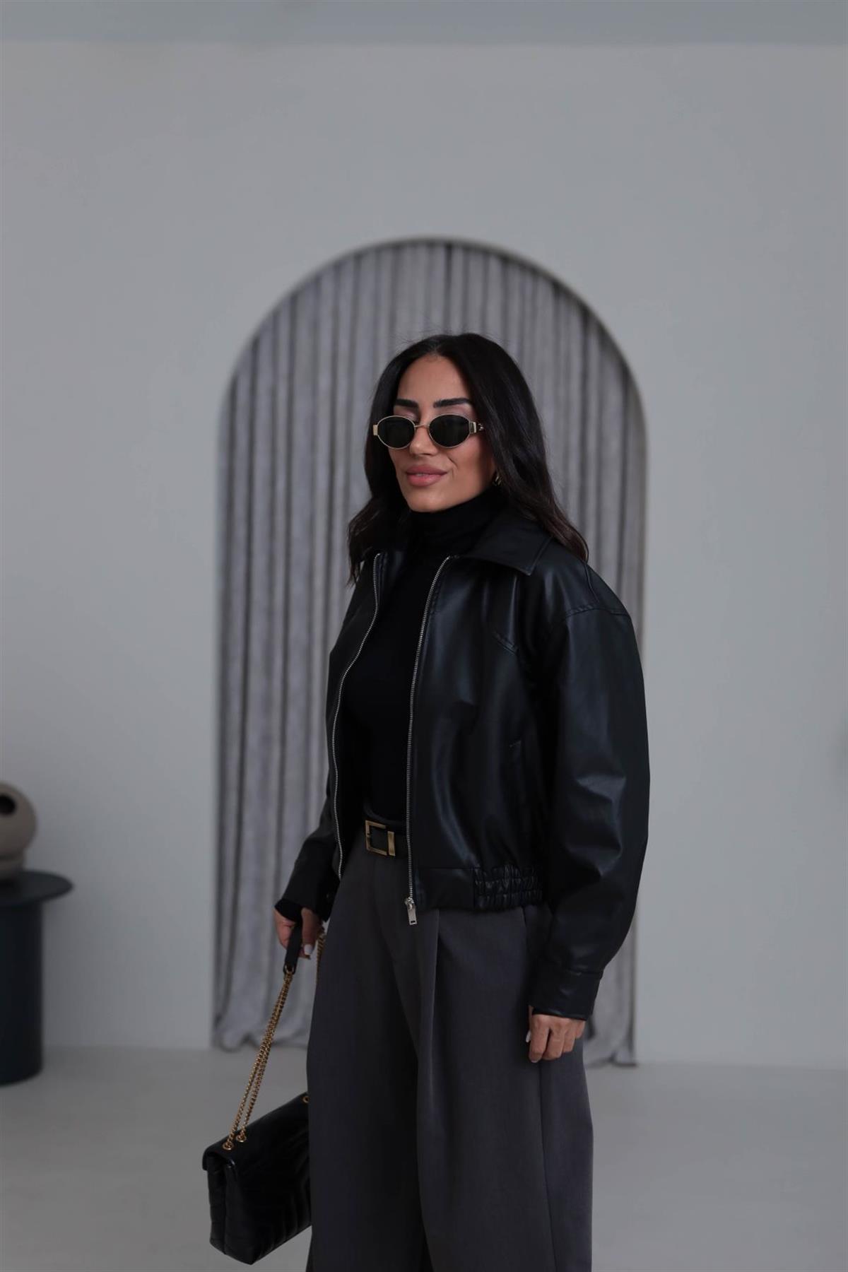 3128 Bel Lastikliı Suni Deri Bomber Ceket SİYAH