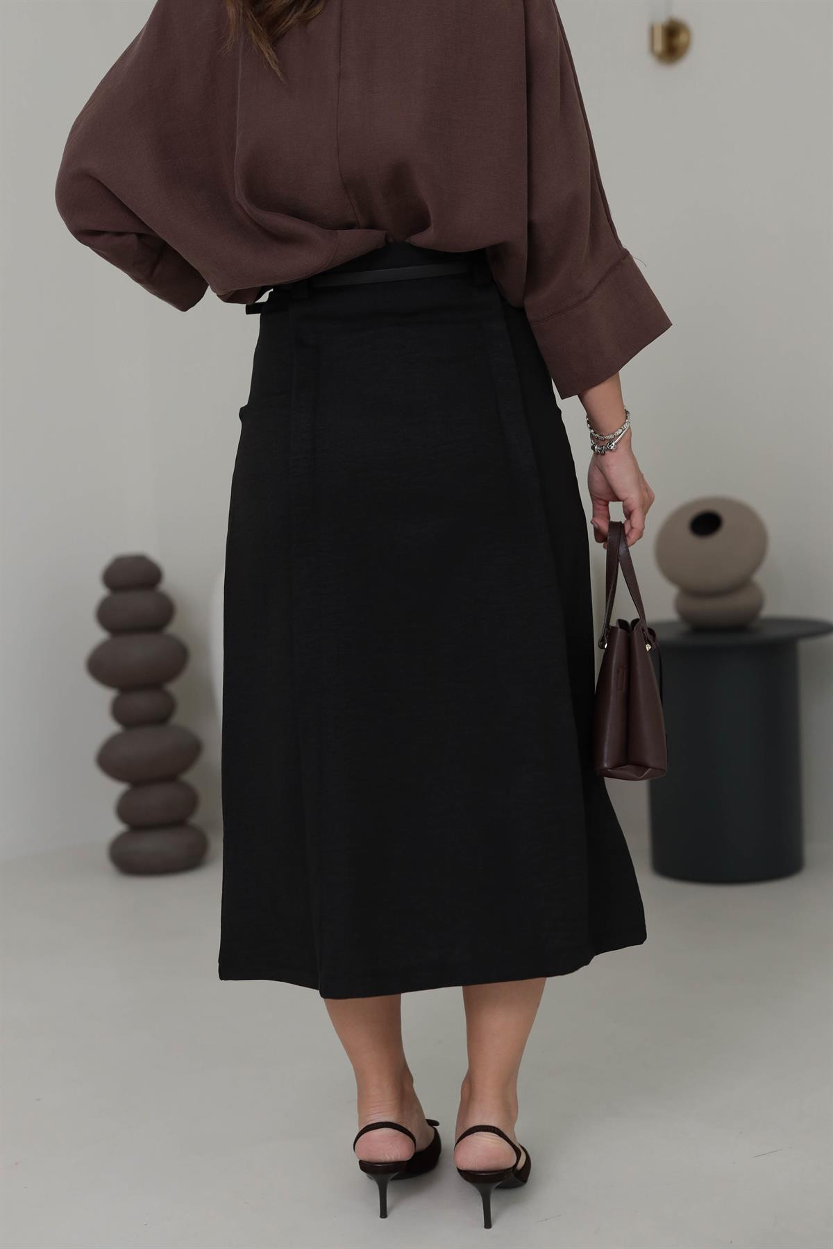 0268 Yırtmaç Detaylı Kemerli Midi Boy Etek SİYAH