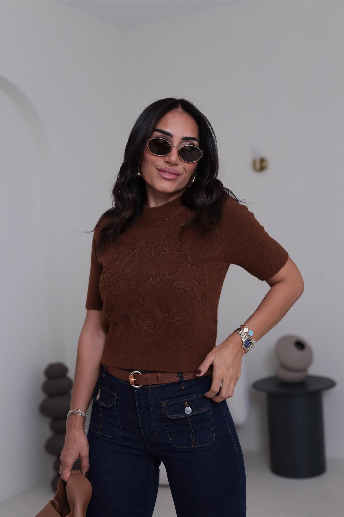 5021 Bisiklet Yaka İşleme Detaylı Kısa Kol Triko KAHVE