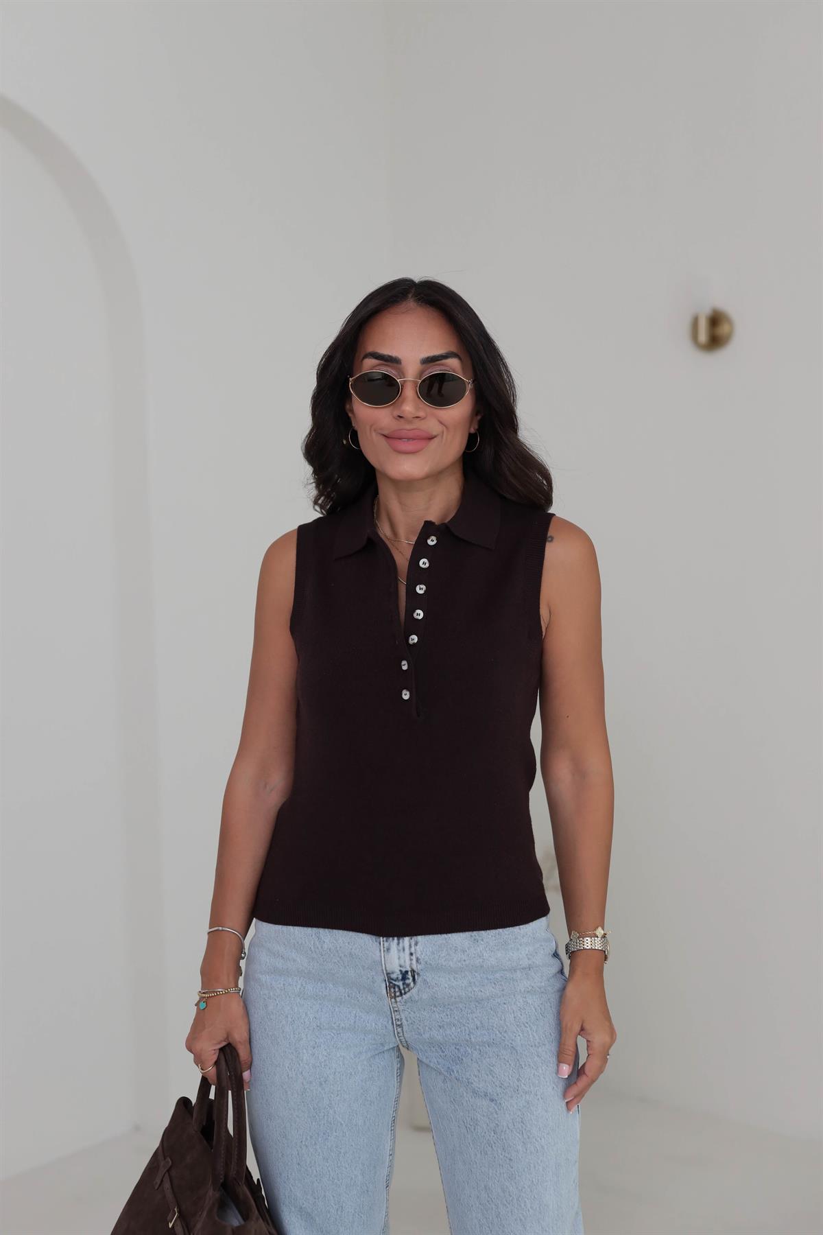 Polo Yaka Yarım Düğmeli Süveter KAHVE