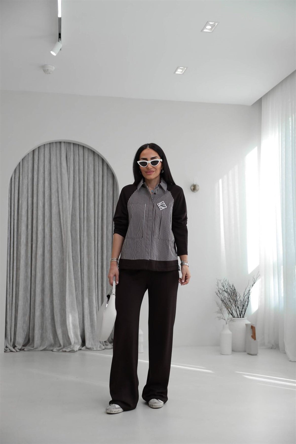 7145 Broşlu Gömlek Mixli Modal Takım KAHVE