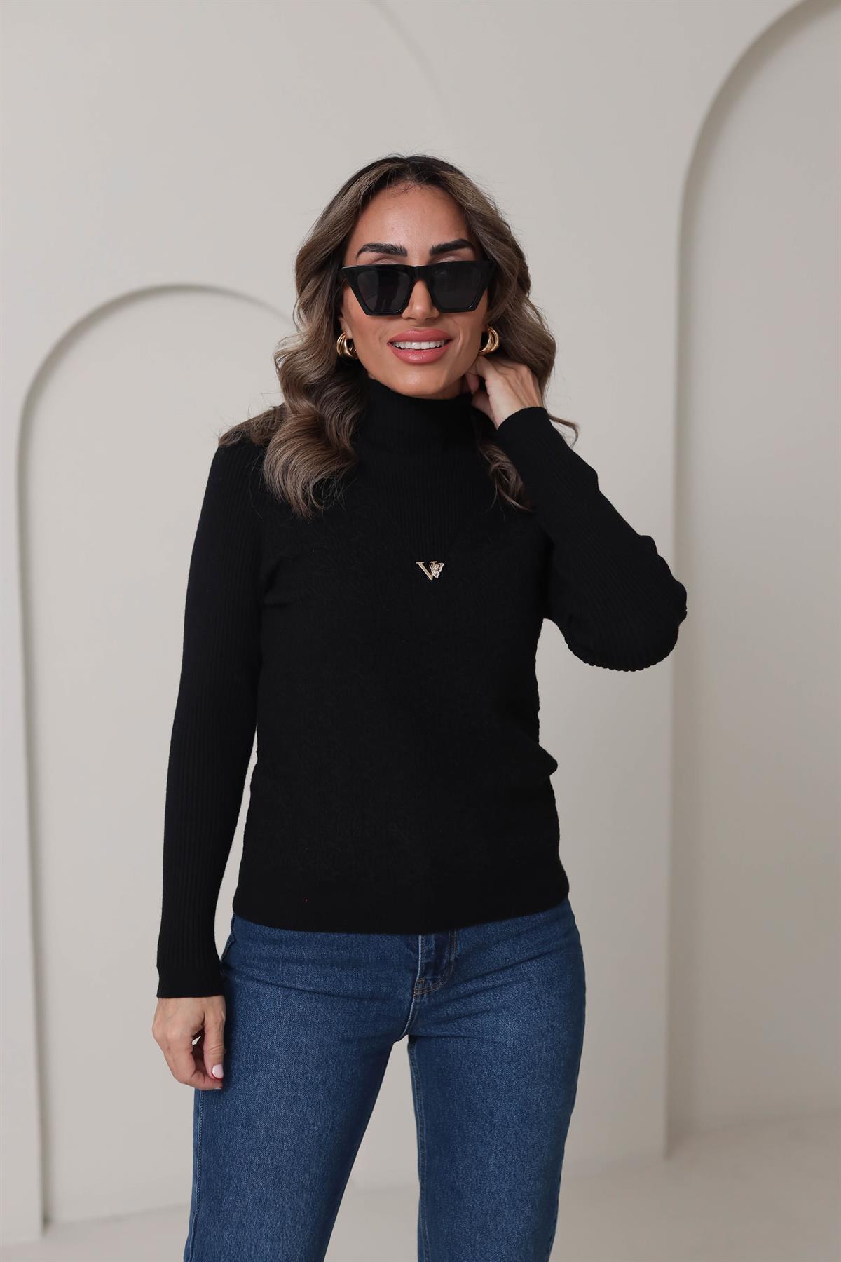 0248 Korspan Dik Yaka V Armalı Yumuşak Triko SİYAH