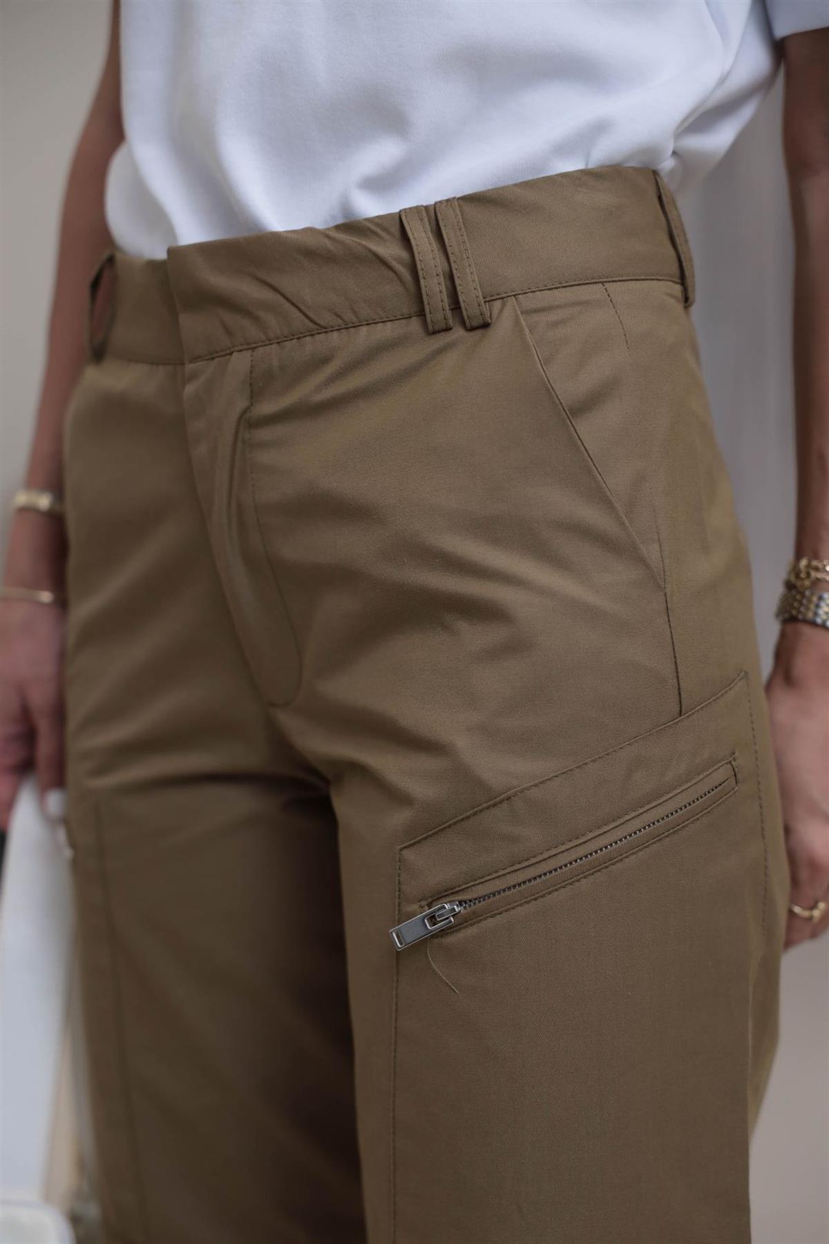 Geniş Paça Fermuar Cepli Kargo Pantolon YAĞ YEŞİLİ