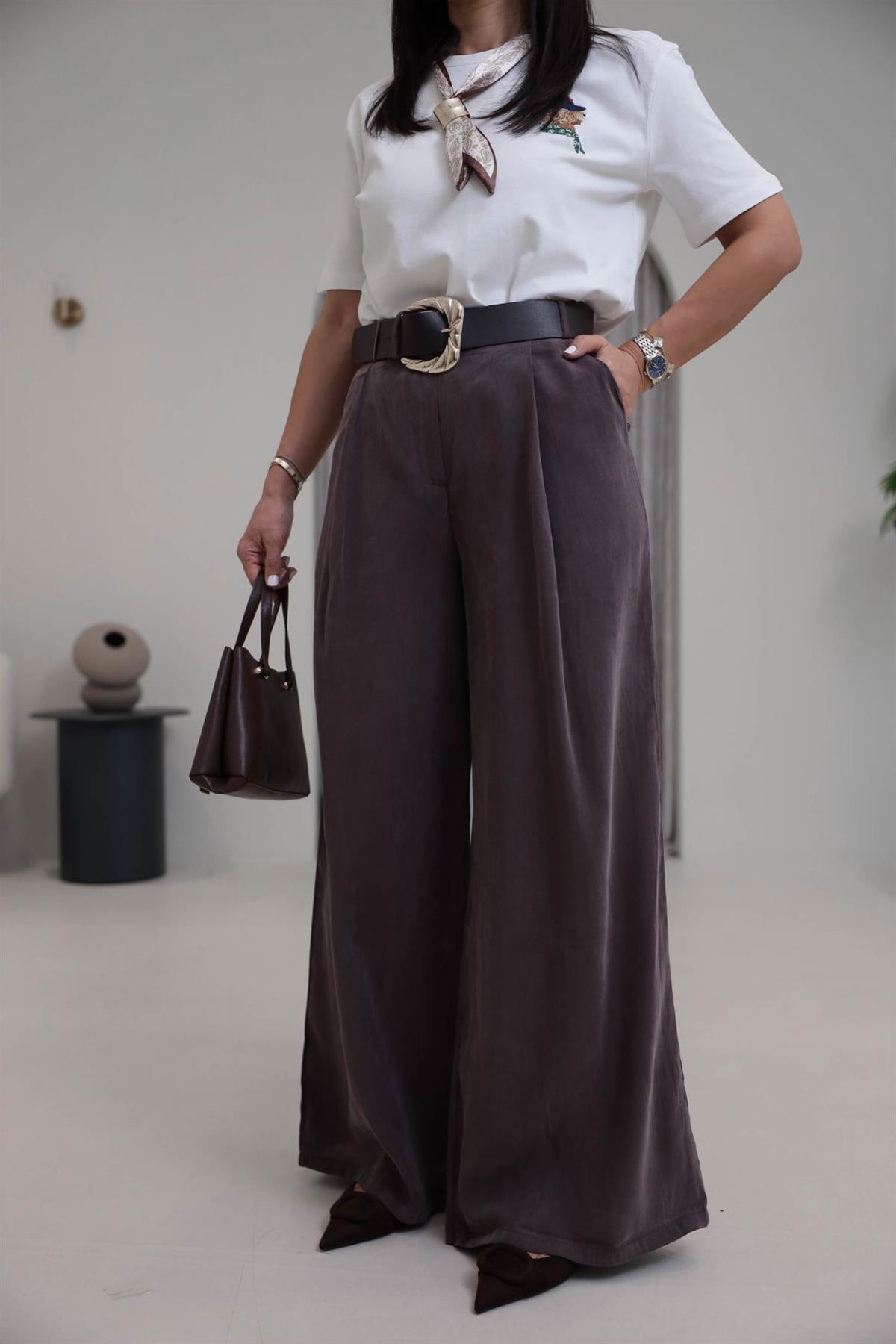 0741 Kemerli Salaş Tencel Pantolon KAHVE