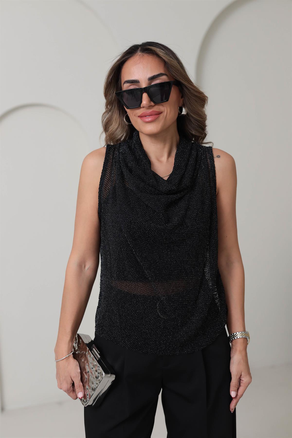 9165 Degaje Yaka Parıltılı File Bluz SİYAH