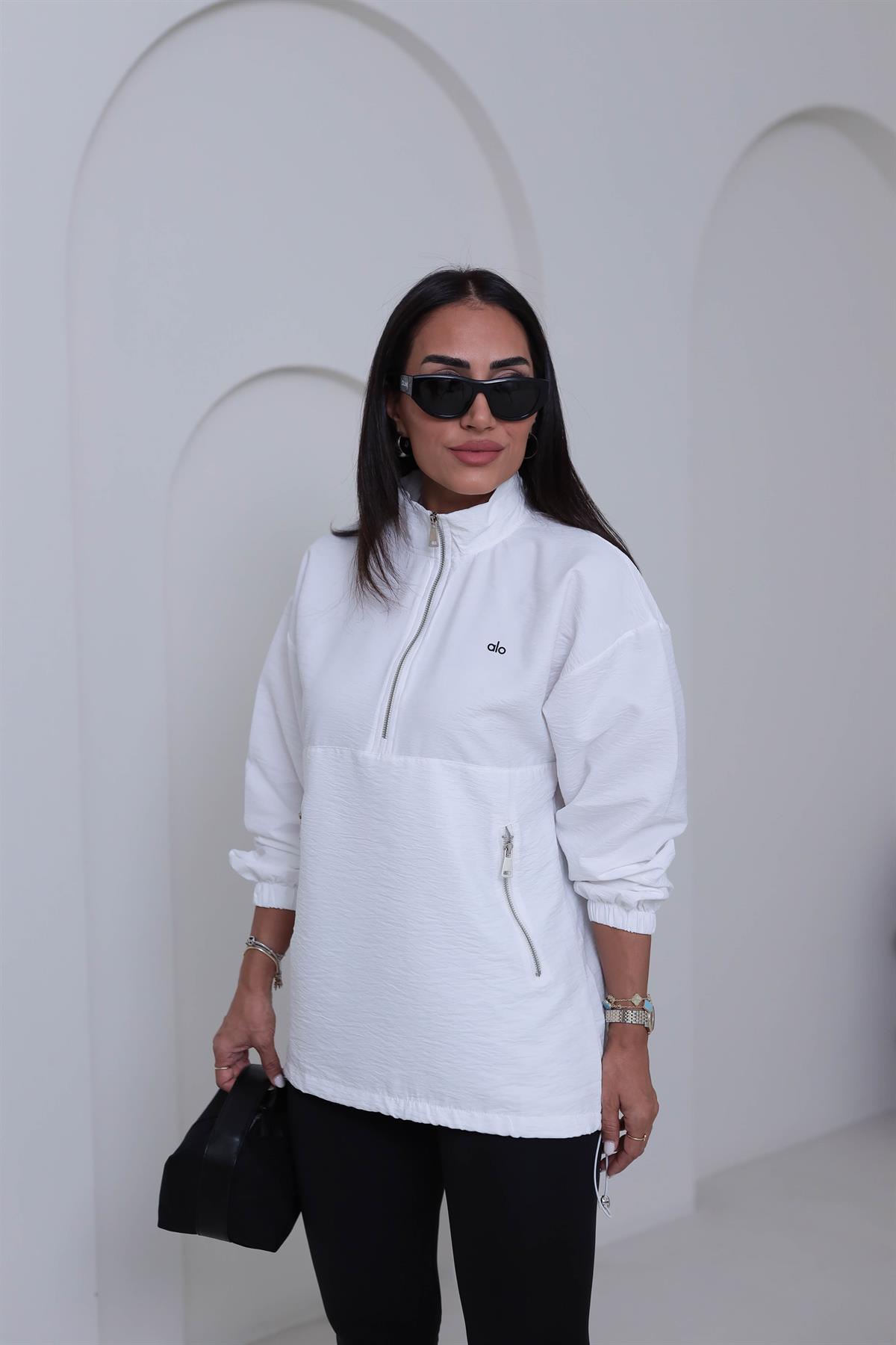 2120 Yazı Baskılı Rahat Paraşüt Sweatshirt BEYAZ