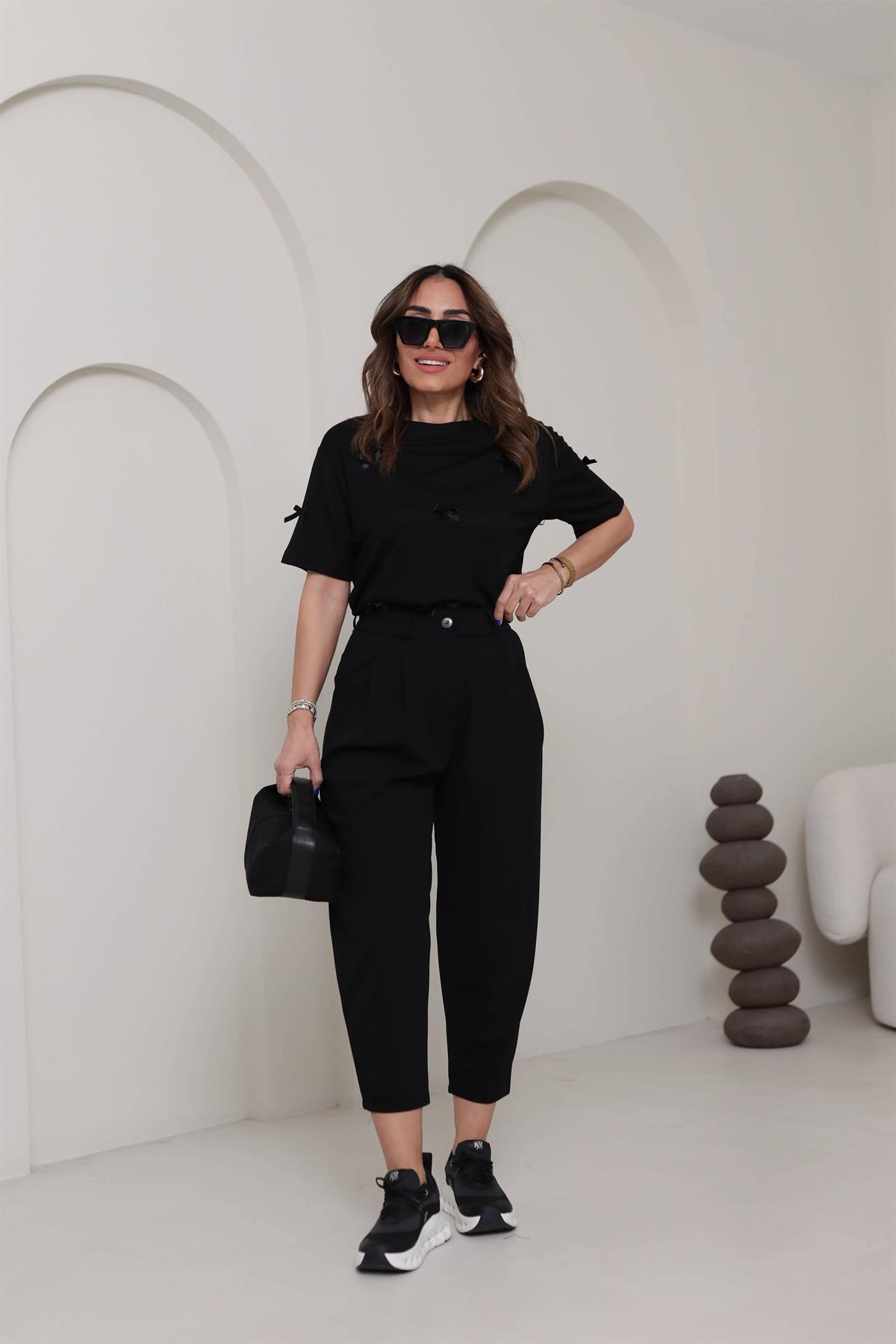 8110 Fiyonklu Pike Modal Tshirt SİYAH