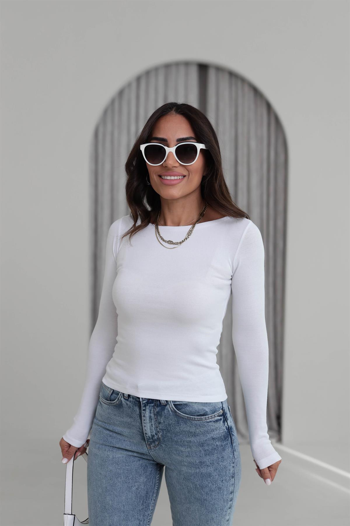 1332 Kayık Yaka Uzun Kollu Bluz BEYAZ