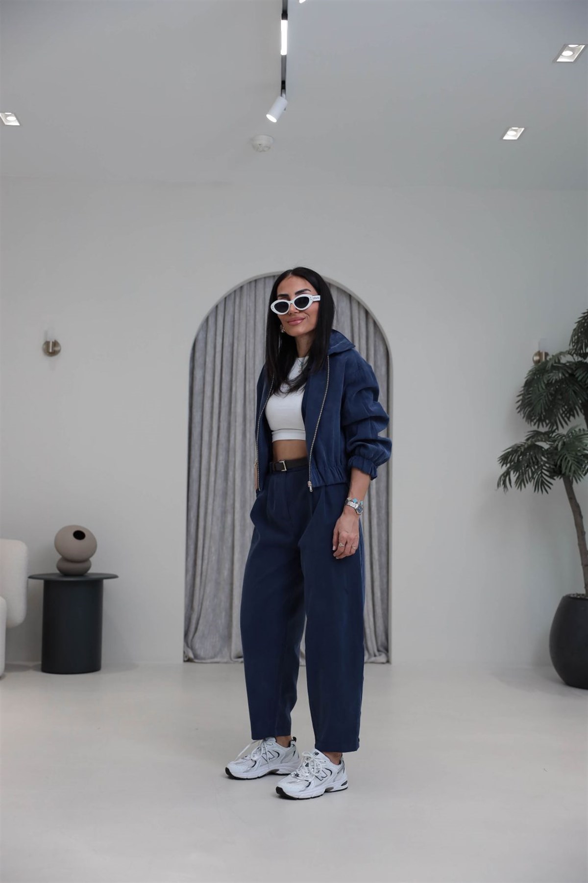 0735 Polo Yaka Bomber Ceketli Tencel Takım LACİVERT