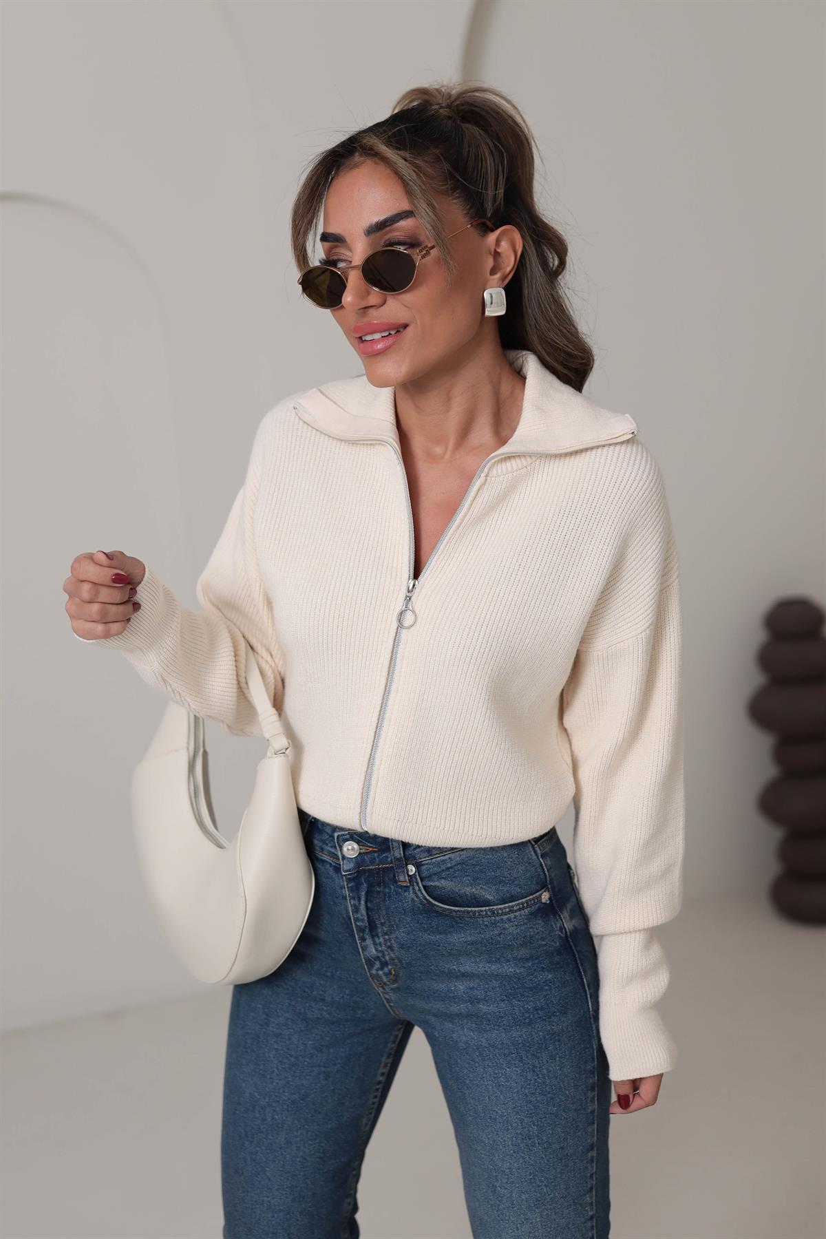 1054 Fermuarlı Yakalı Hırka EKRU