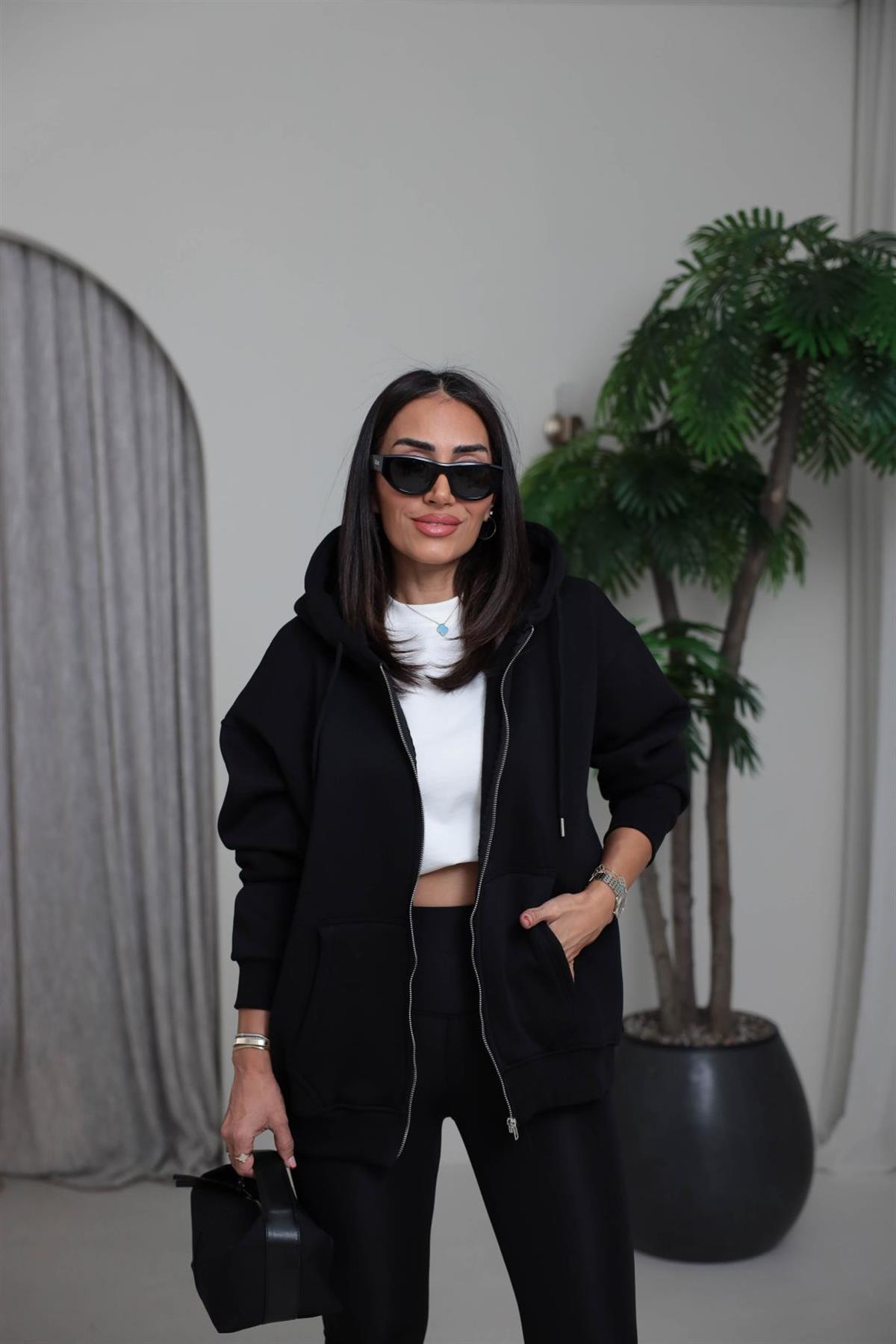 1003 3 İplik Şardonlu Kapşonlu Fermuarlı Ceket SİYAH