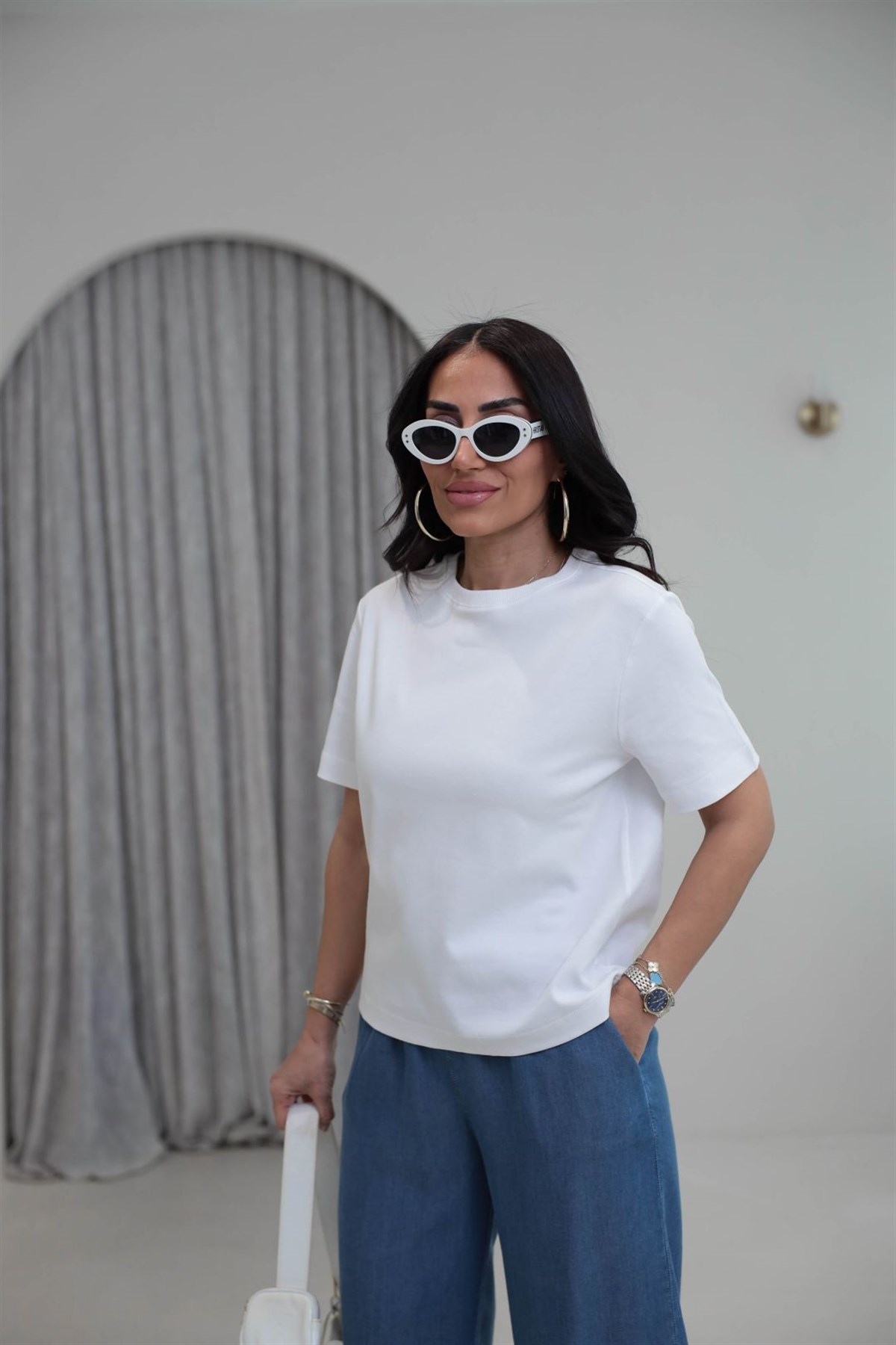 6074 Bisiklet Yaka Pamuklu Basic Tshirt BEYAZ