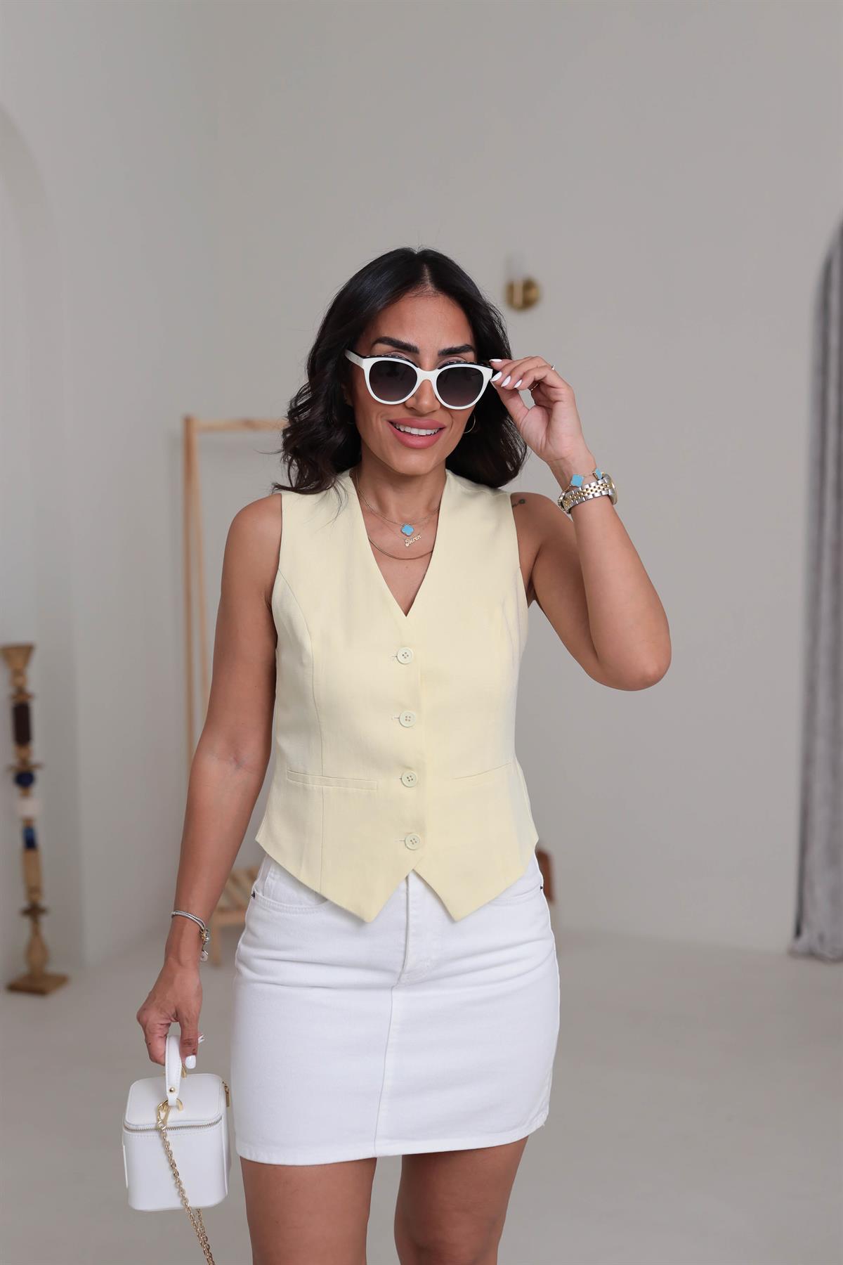 1144 Arka Toka Detay Terni Yelek AÇIK SARI