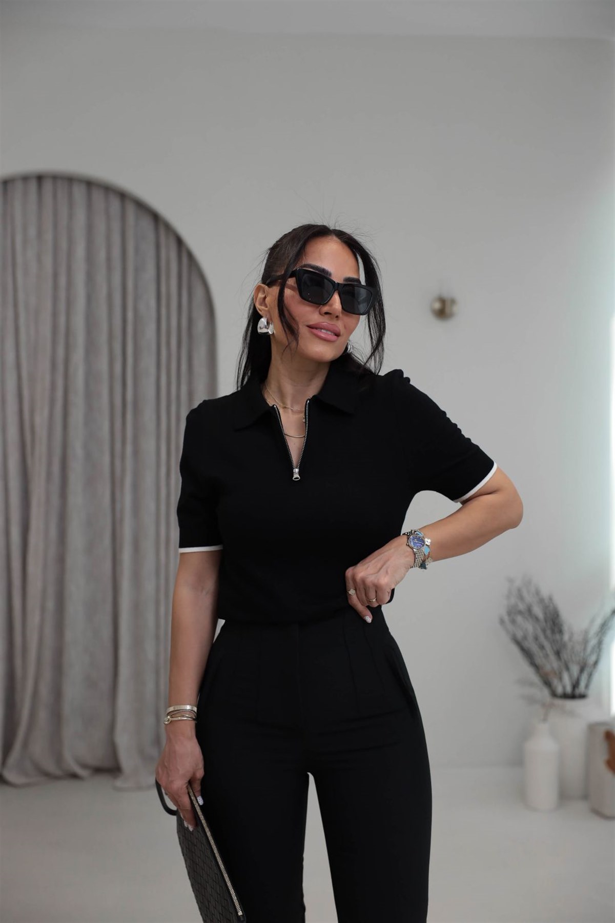 0169 Polo Yaka Fermuarlı Kontrastlı Triko Bluz SİYAH