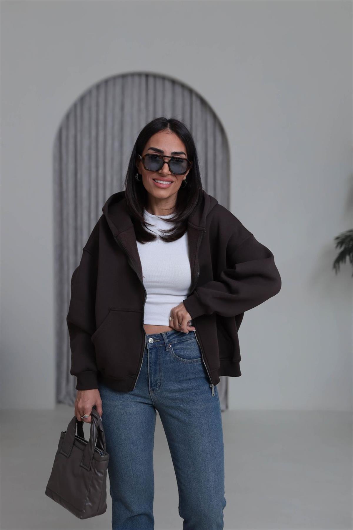0822 Kapüşonlu Fermuarlı Şardonlu Sweatshirt ACI KAHVE