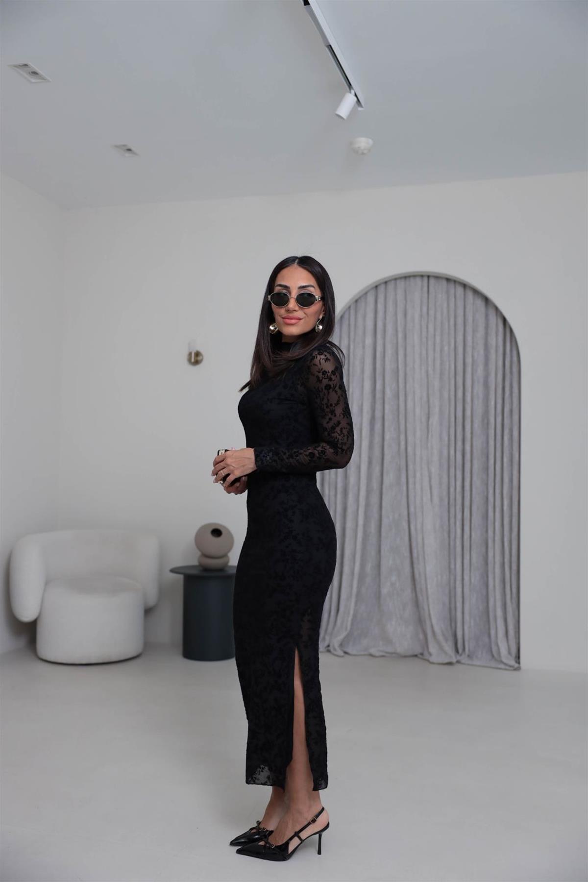 1164 Flok Baskılı Yırtmaçlı Maxi Boy Tül Elbise SİYAH