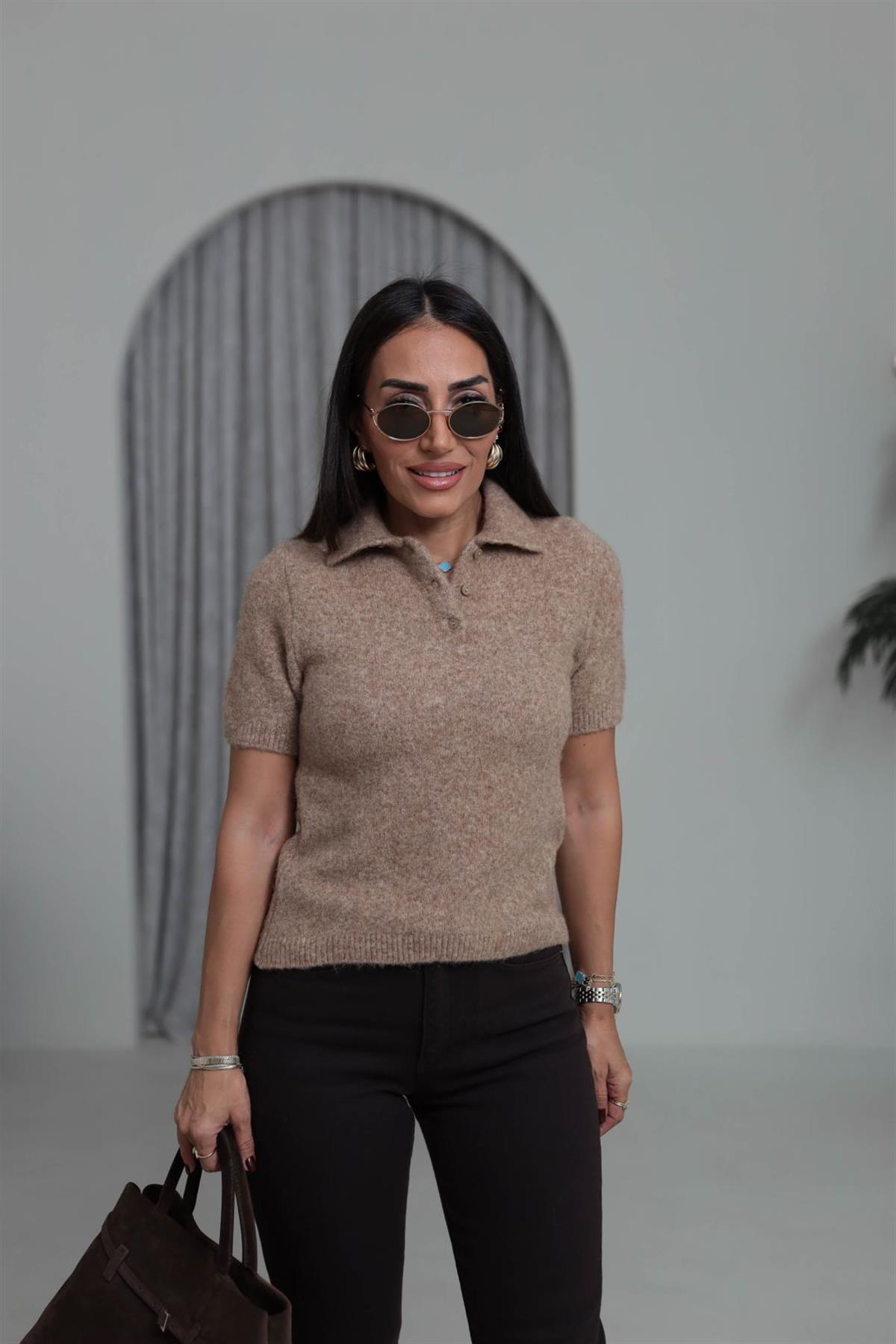 0109 Polo Yaka Massi Kısa Kol Yumoş Kazak CAMEL