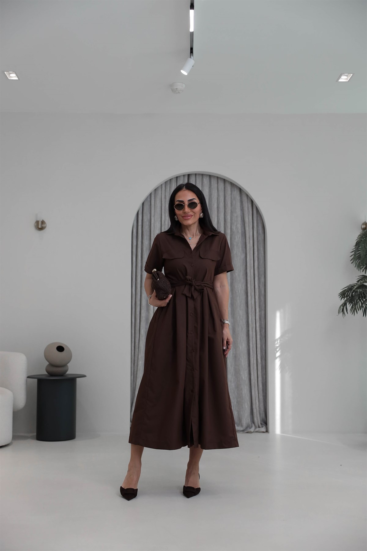0165 Cep Kapaklı Kuşaklı Kısa Kol Kloş Elbise ACI KAHVE