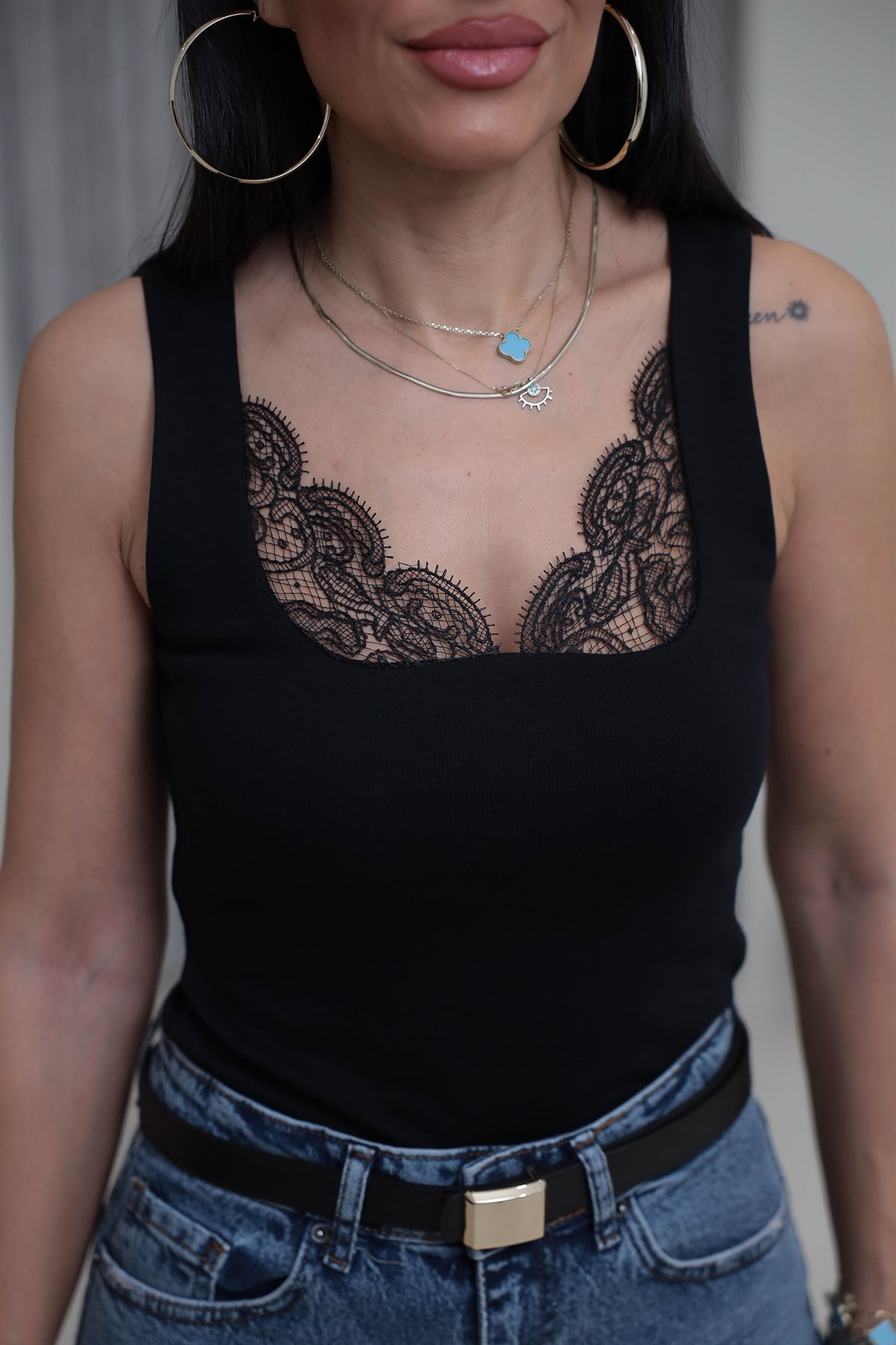 1677 Kare Yaka Dantel Detaylı Çift Kat Atlet SİYAH