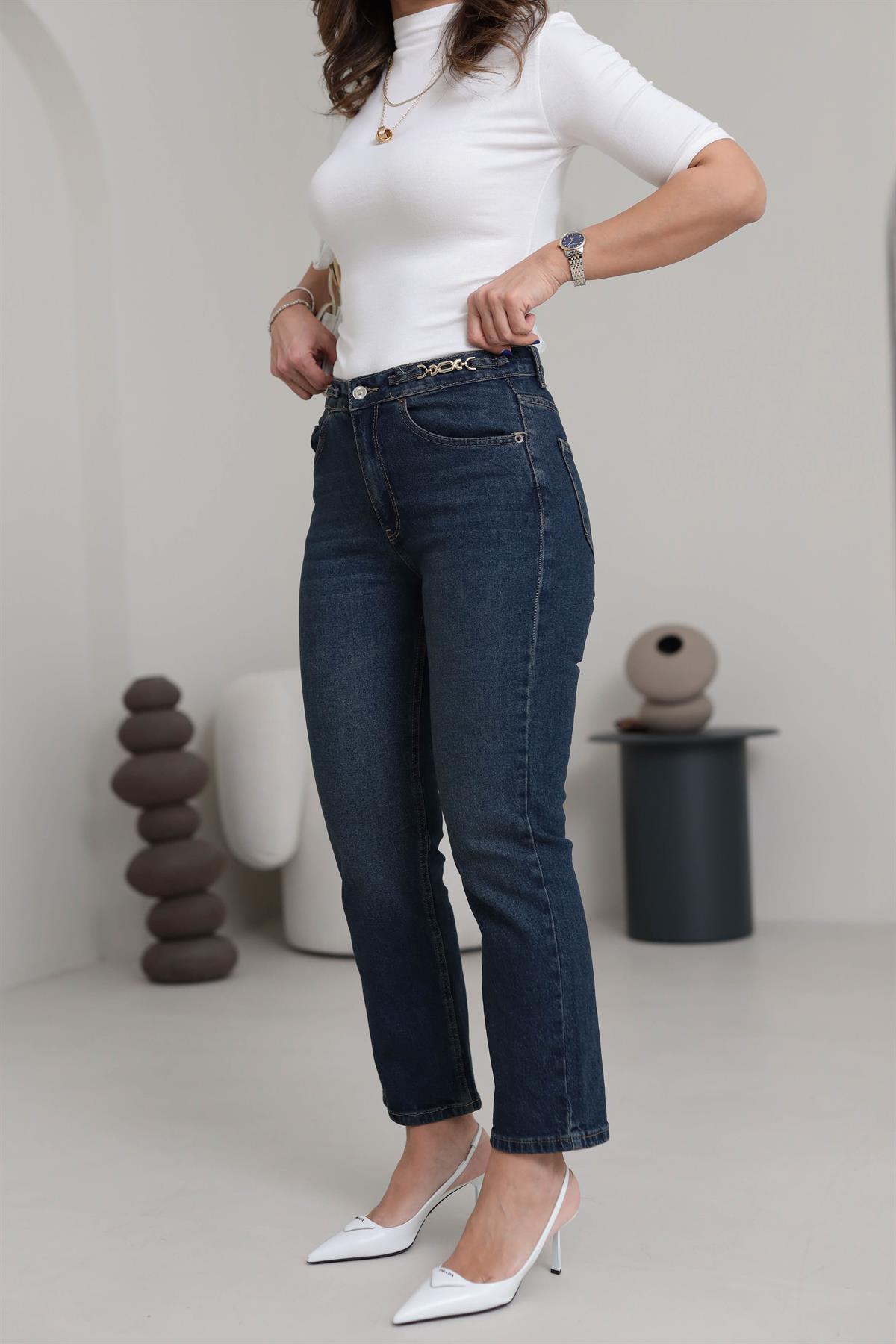 1752 Yüksek Bel Zincir Aksesuar detaylı Pantolon TİNTLİ MAVİ