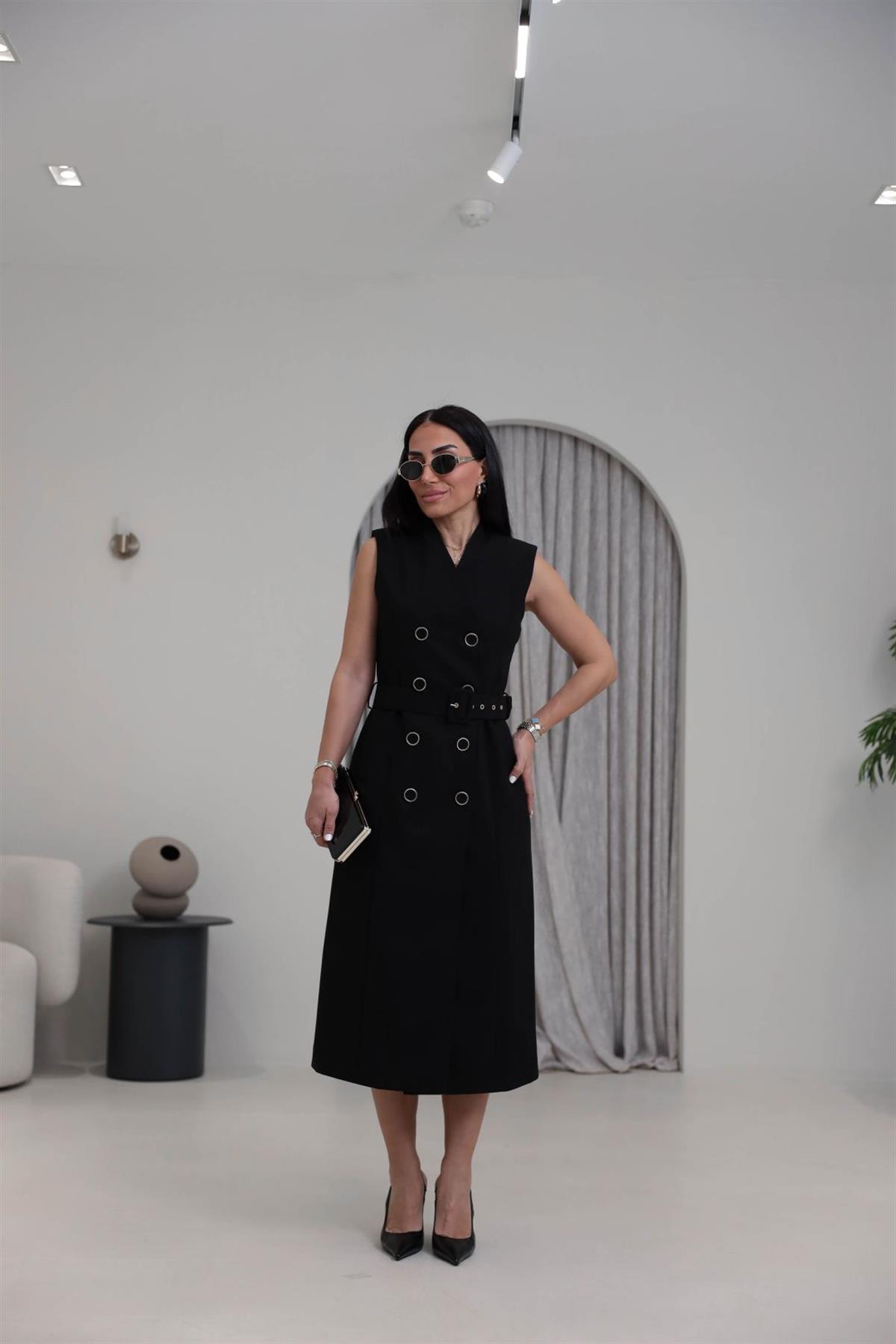 7175 Vatkalı Düğme ve Kemer Detaylı Elbise SİYAH