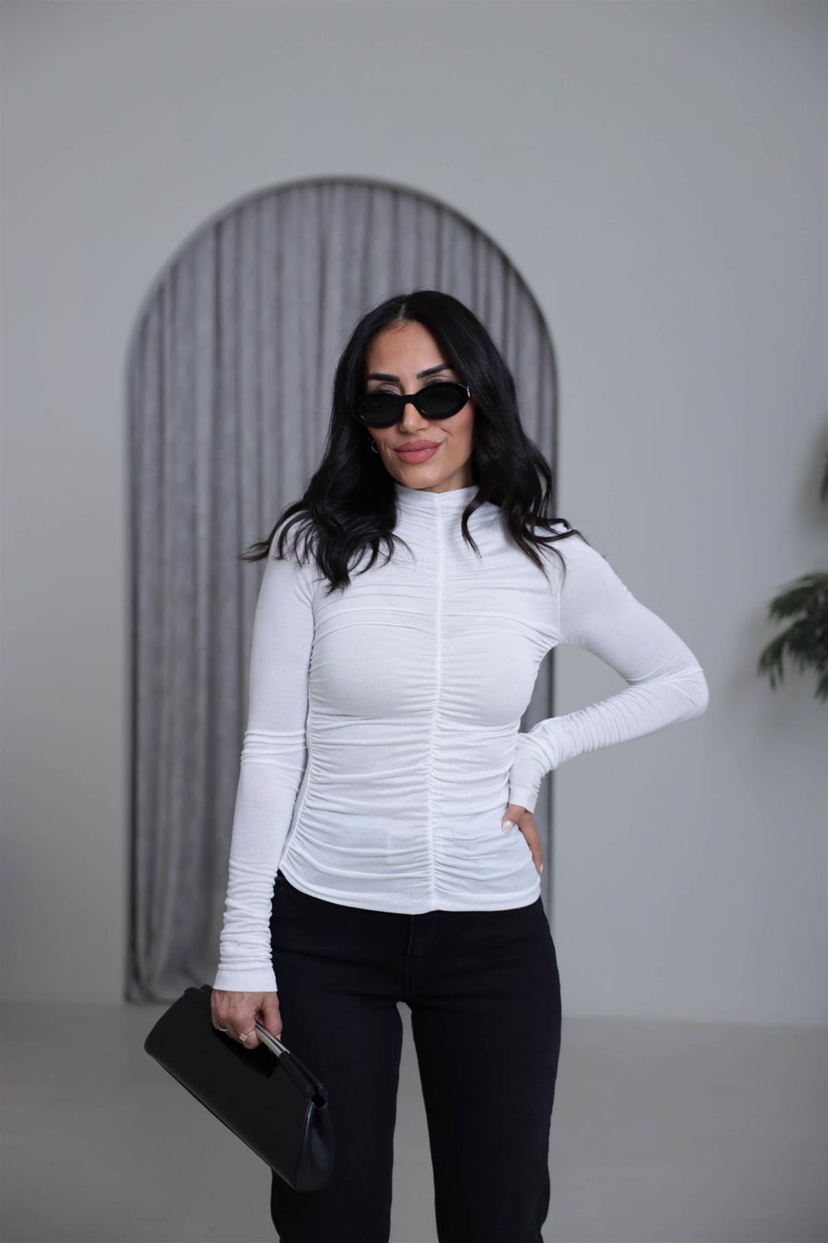 1036 Dik Yaka Drapeli Transparan Bluz BEYAZ