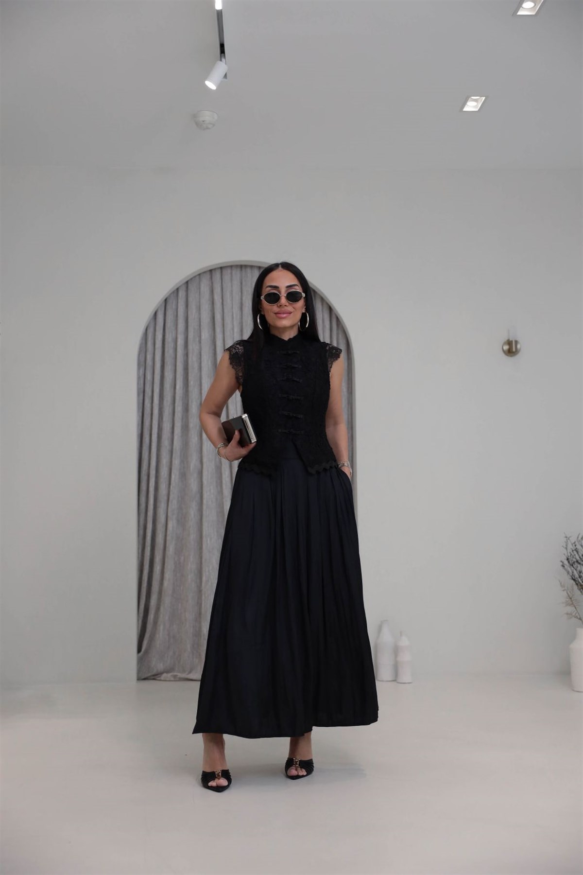 8120 Pileli Maxi Tok Saten Etek SİYAH