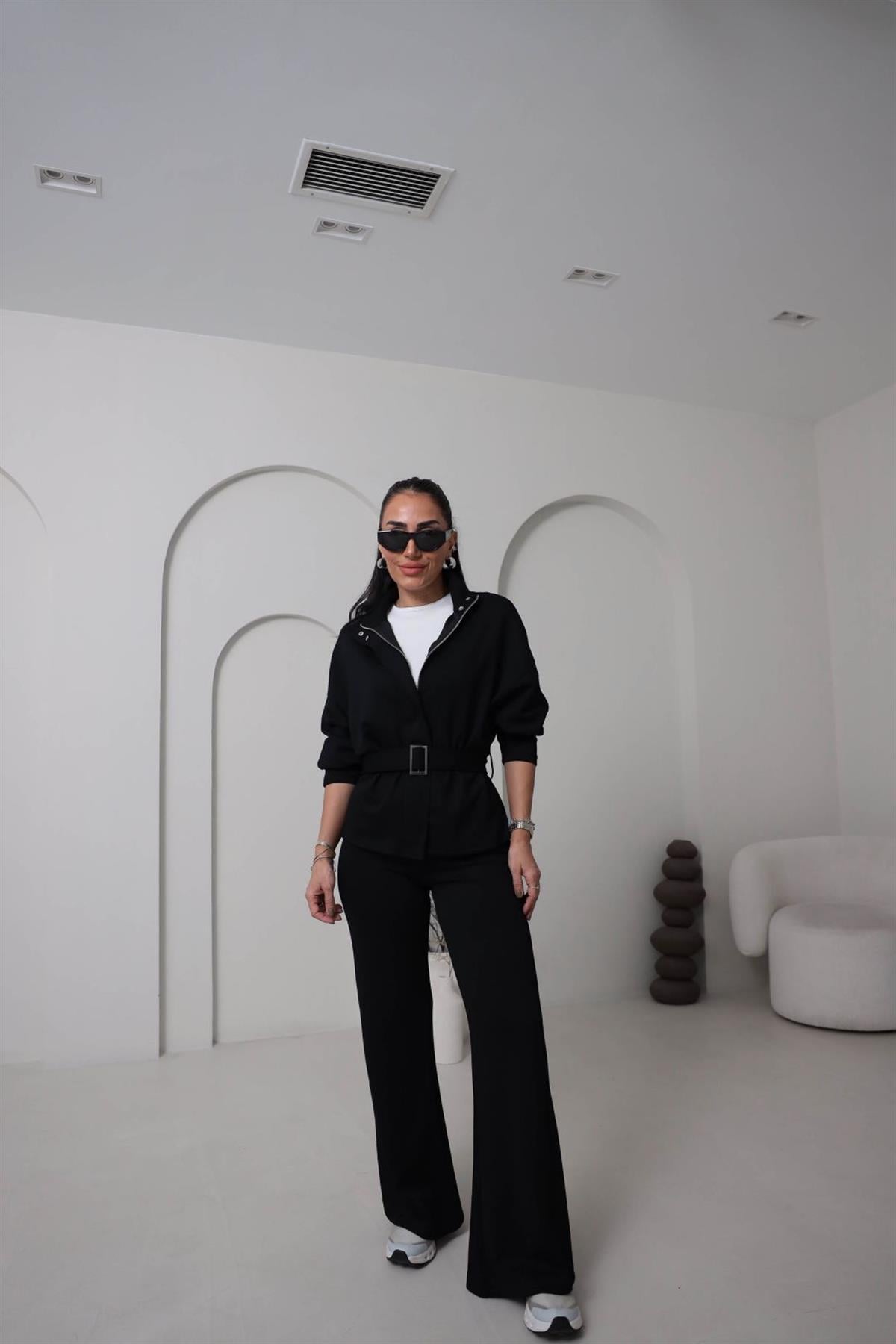 8616 Fermuarlı Kuşaklı Çıtçıt Detaylı Modal Takım SİYAH